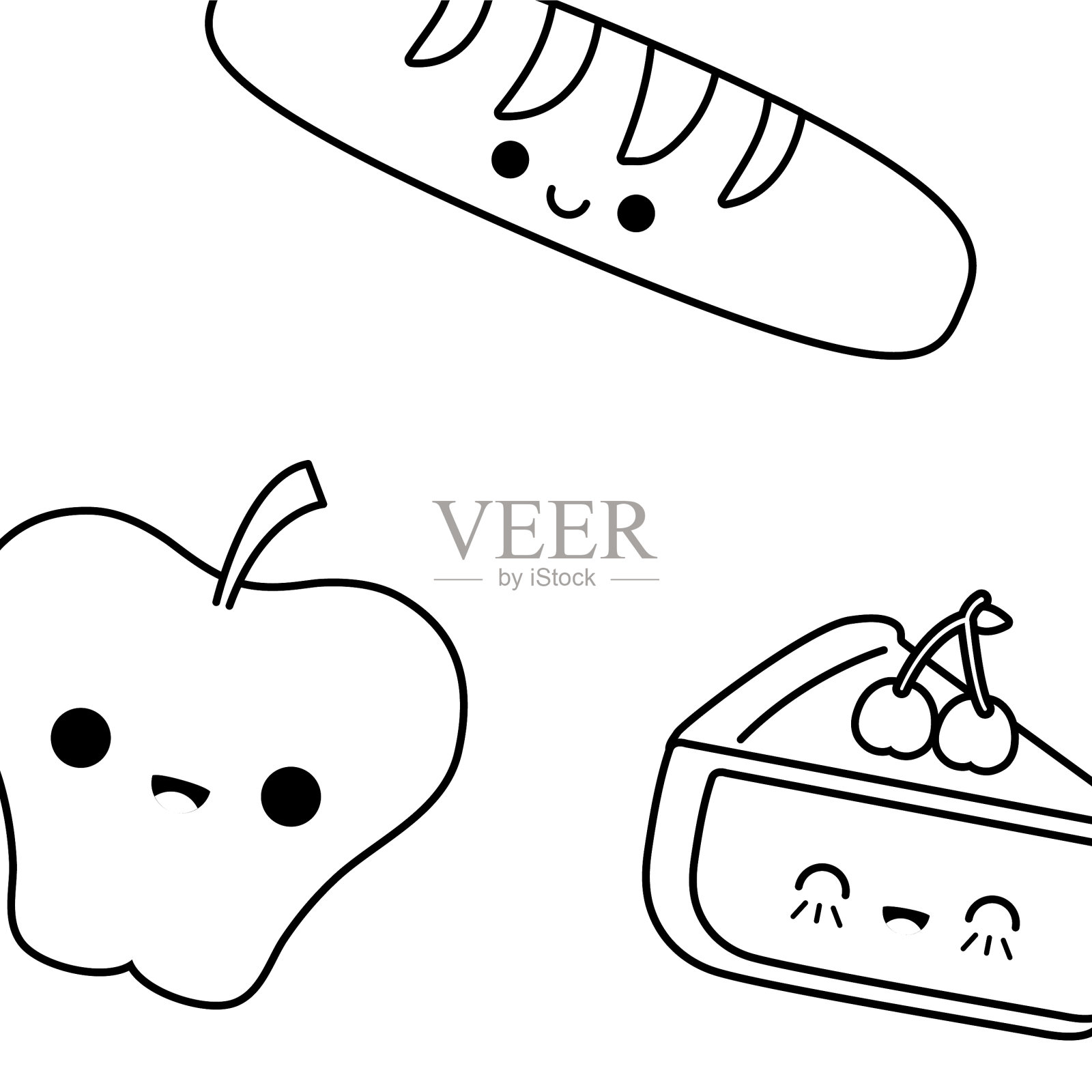 苹果配法式面包和卡哇伊蛋糕插画图片素材