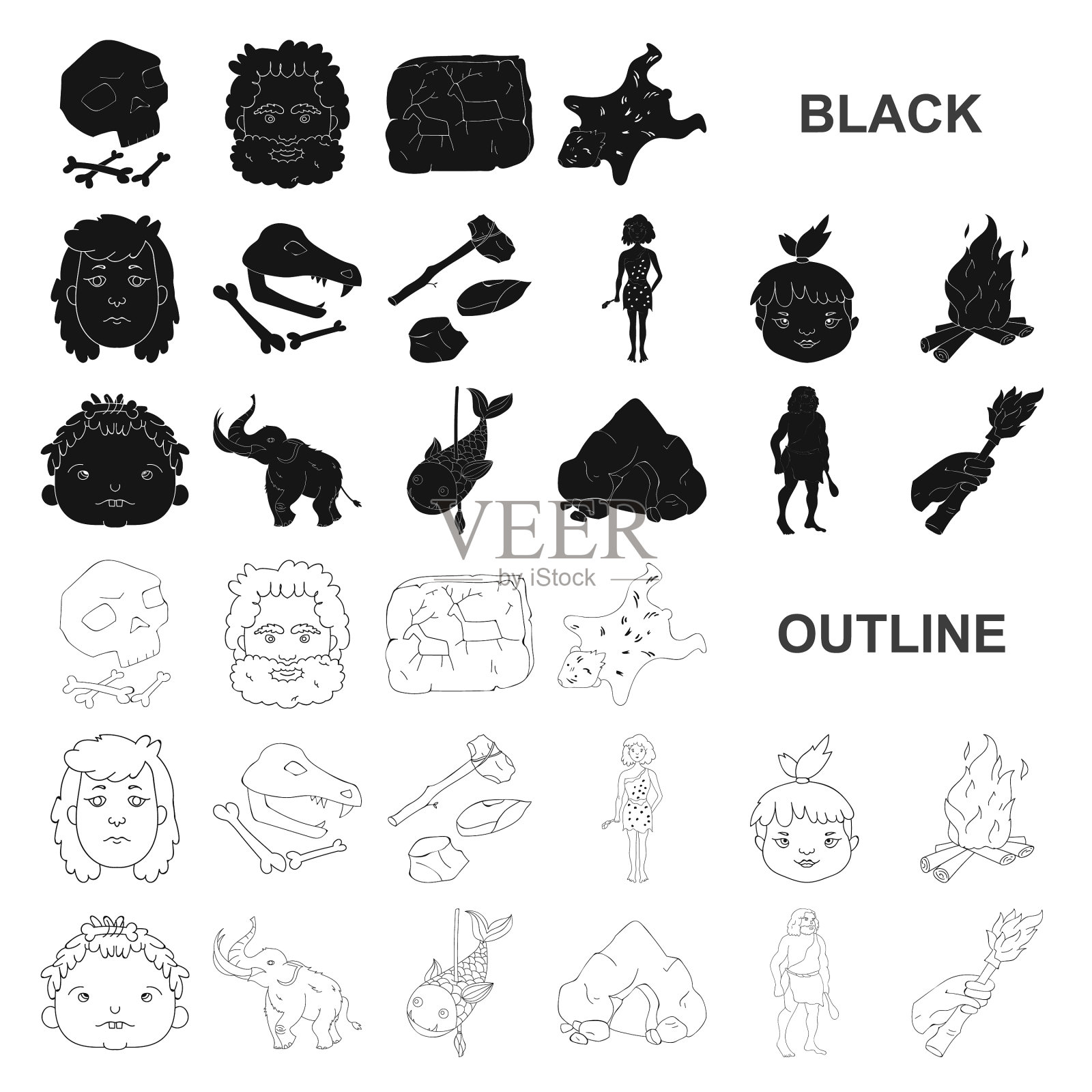 生活在石器时代的黑色图标设置图标素材