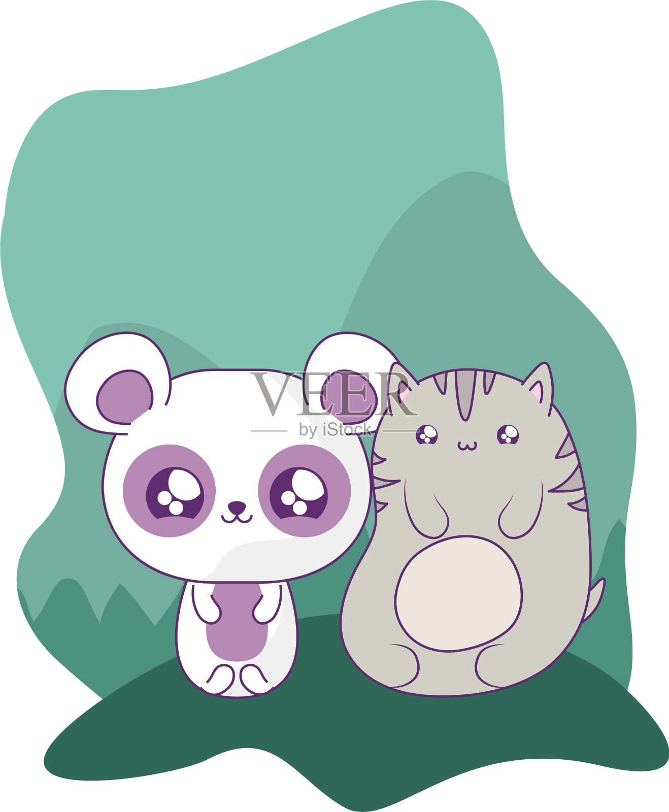 可爱的猫与熊猫熊巴卡瓦伊风格设计元素图片