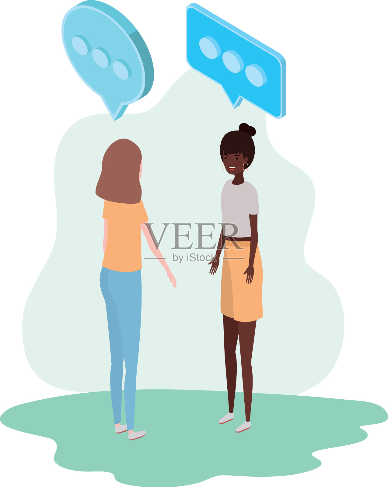 女人站在白色的气泡上讲话插画图片素材