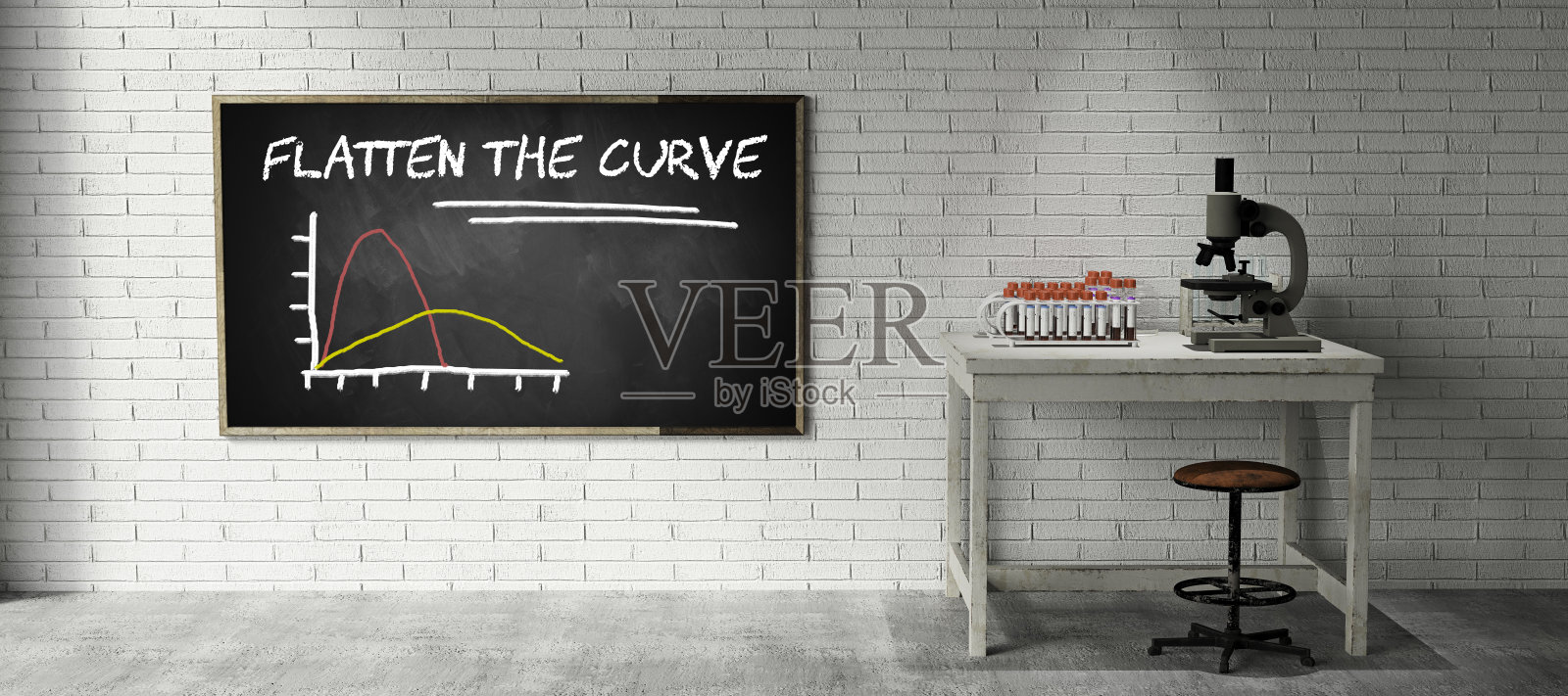 实验室FLATTEN THE CURVE信息图和许多试管在一个表- 3D渲染插图照片摄影图片