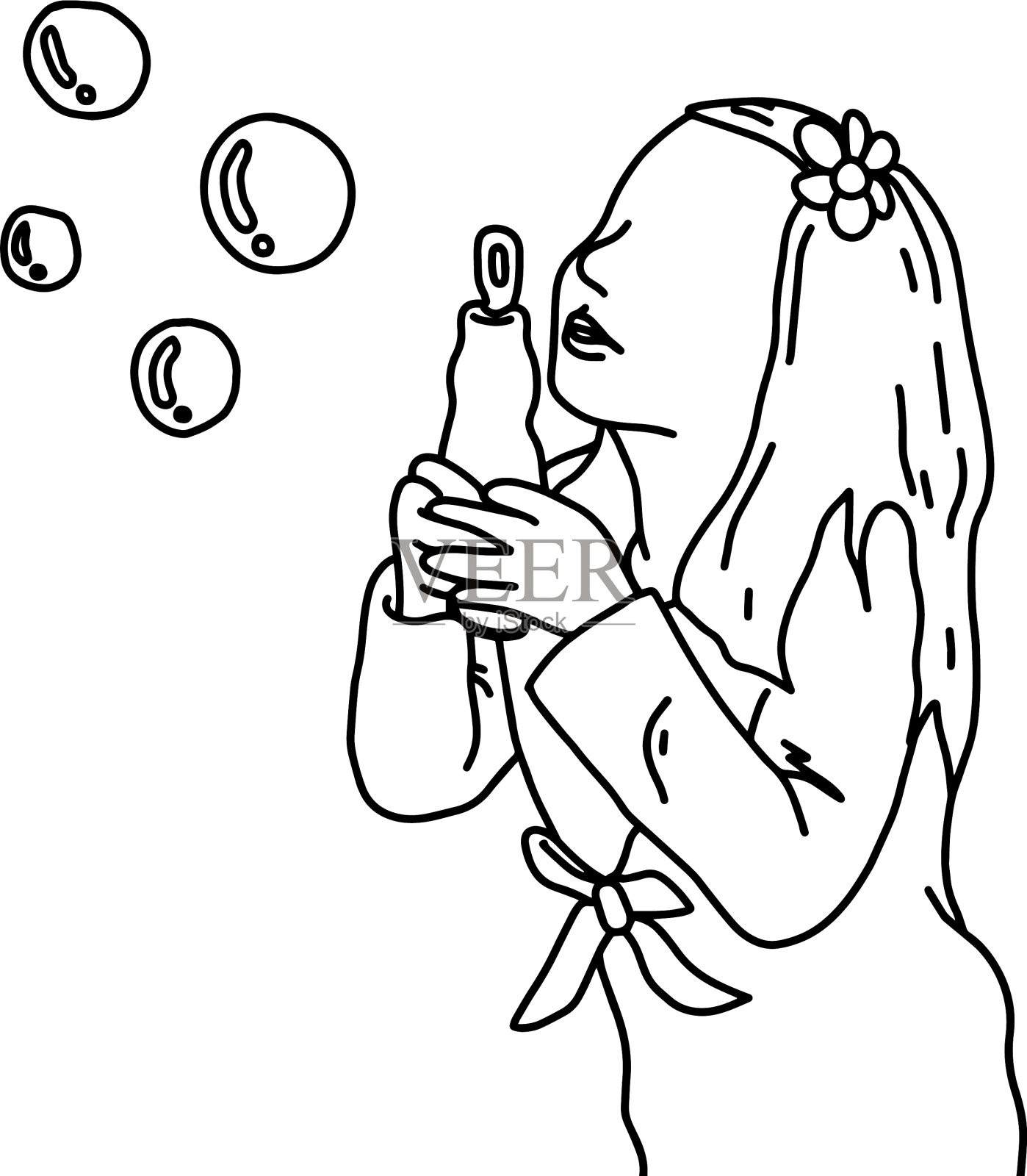 可爱的女孩吹泡泡素描插画图片素材