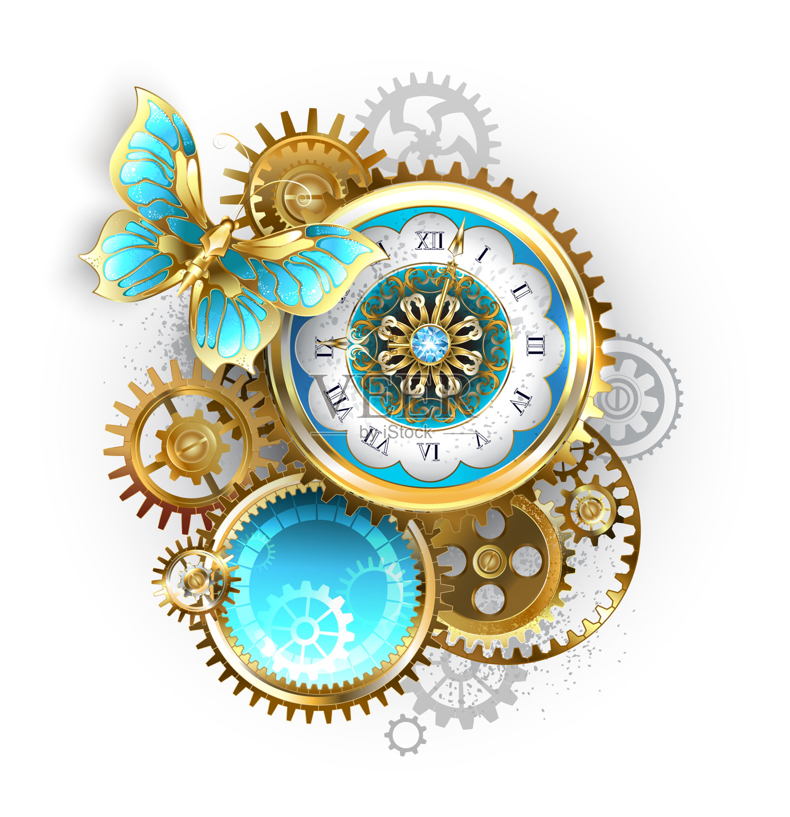 钟和齿轮与蝴蝶设计元素图片