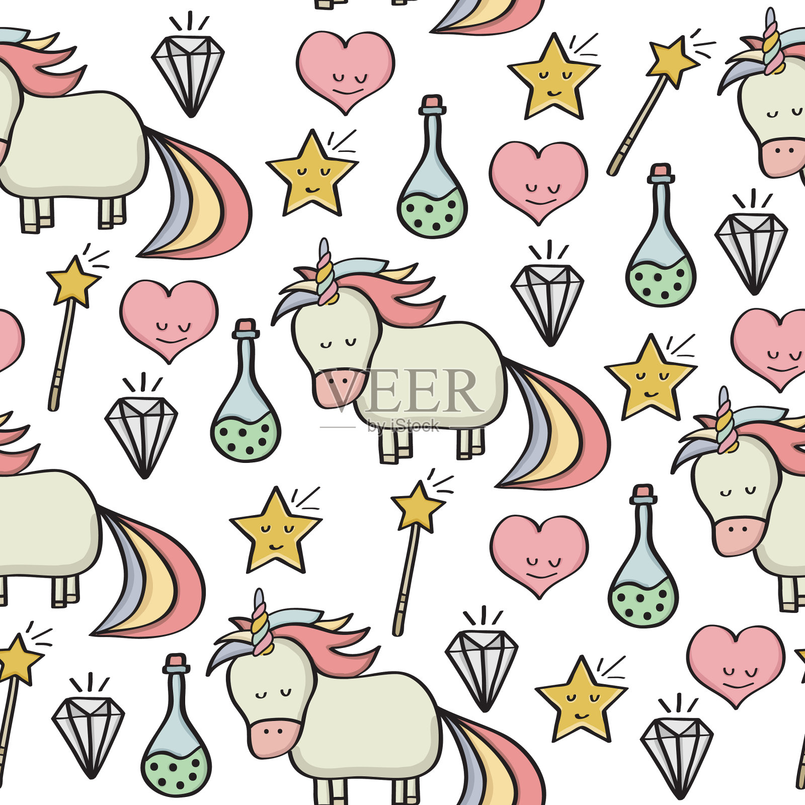 用独角兽等无缝图案涂鸦插画图片素材