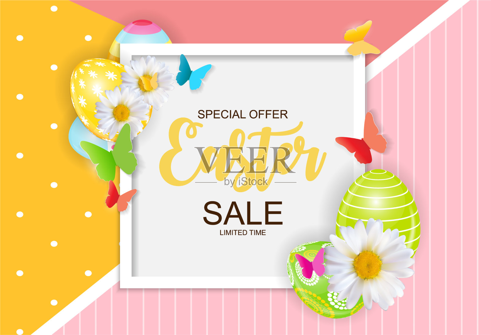 复活节快乐可爱的促销海报背景与鸡蛋插画图片素材