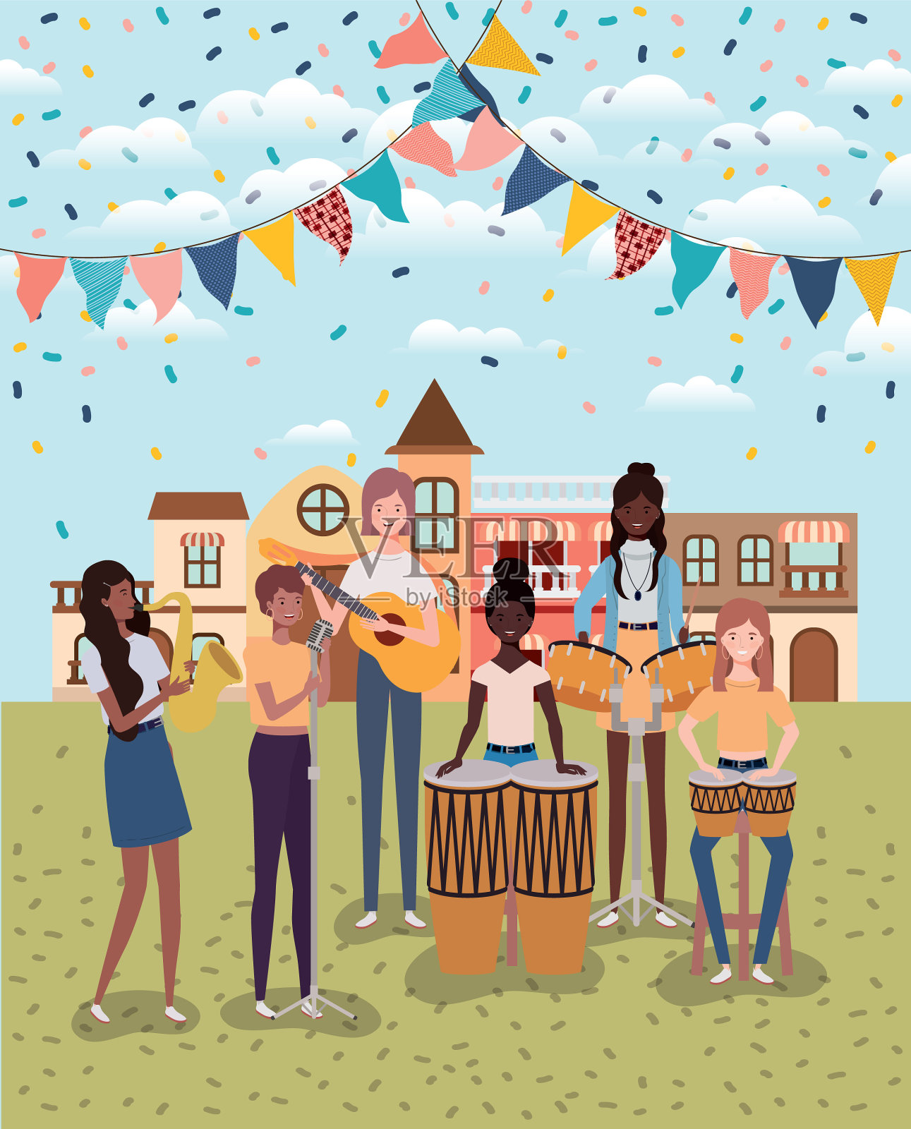 妇女在营地演奏乐器插画图片素材