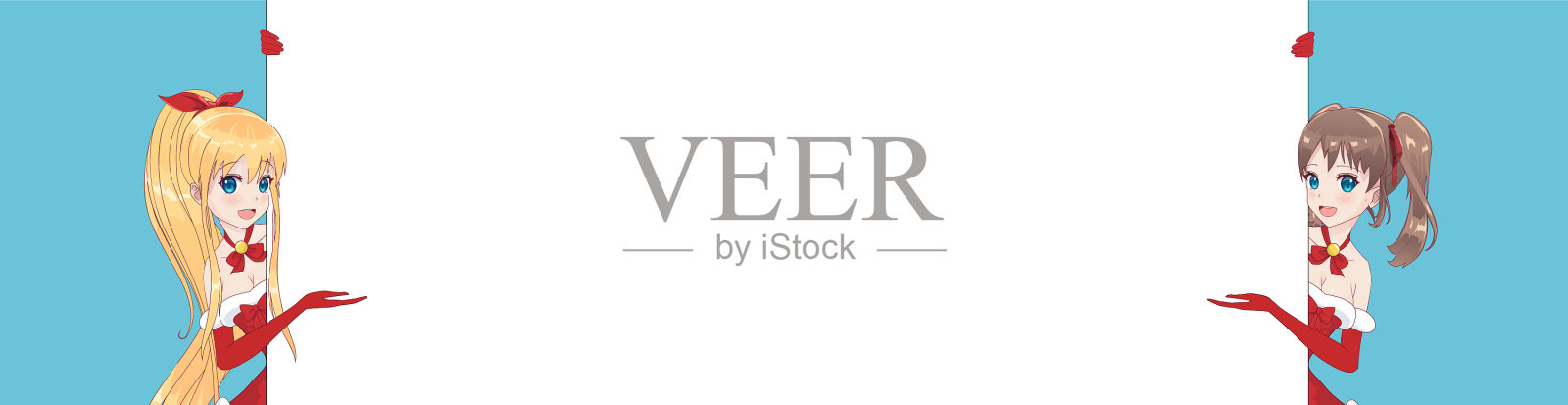 两个动漫女人从海报后面往外看插画图片素材