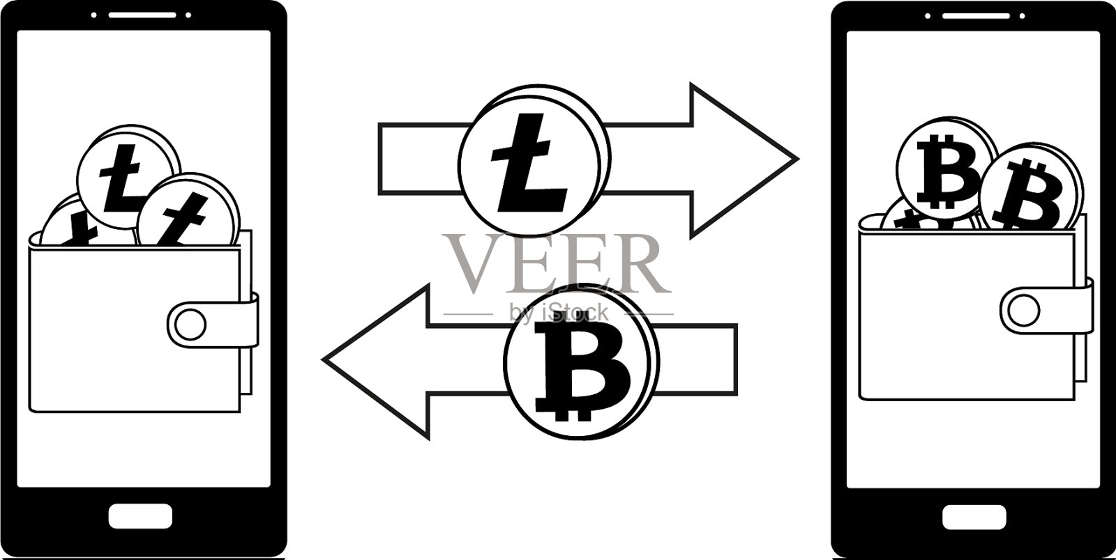 在手机中进行莱特币和比特币之间的交换插画图片素材