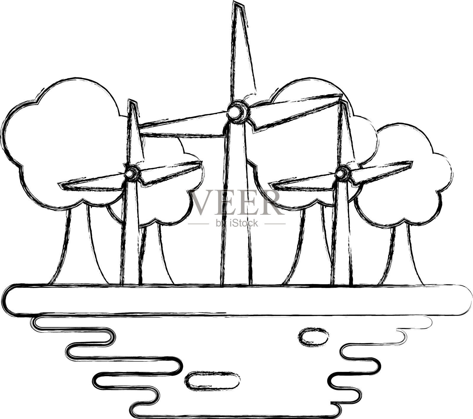 风力涡轮机在地面卡通设计元素图片