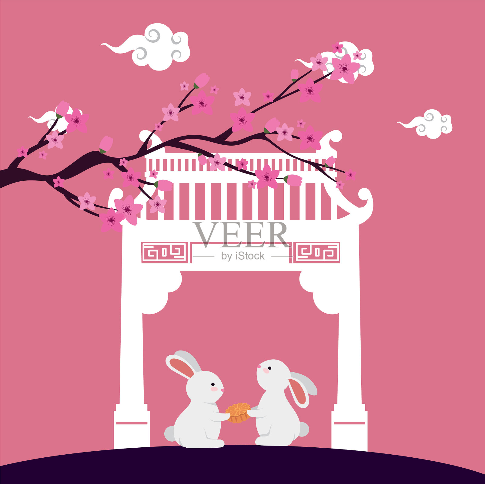 有中国拱门和树木的小兔子插画图片素材