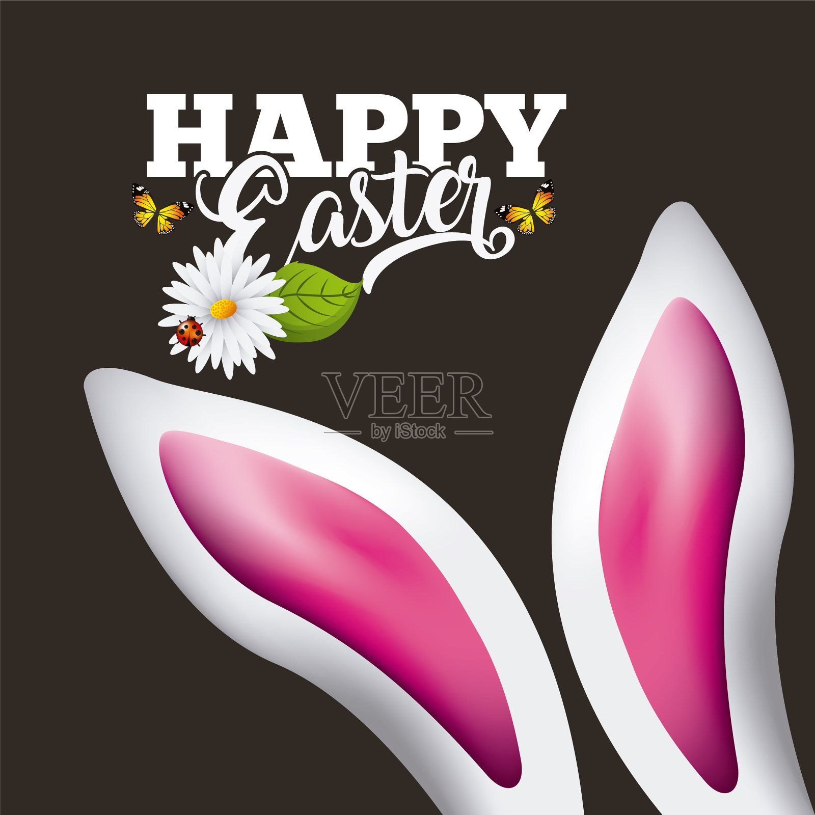 复活节快乐卡片白色和粉红色的耳朵兔子黛西插画图片素材