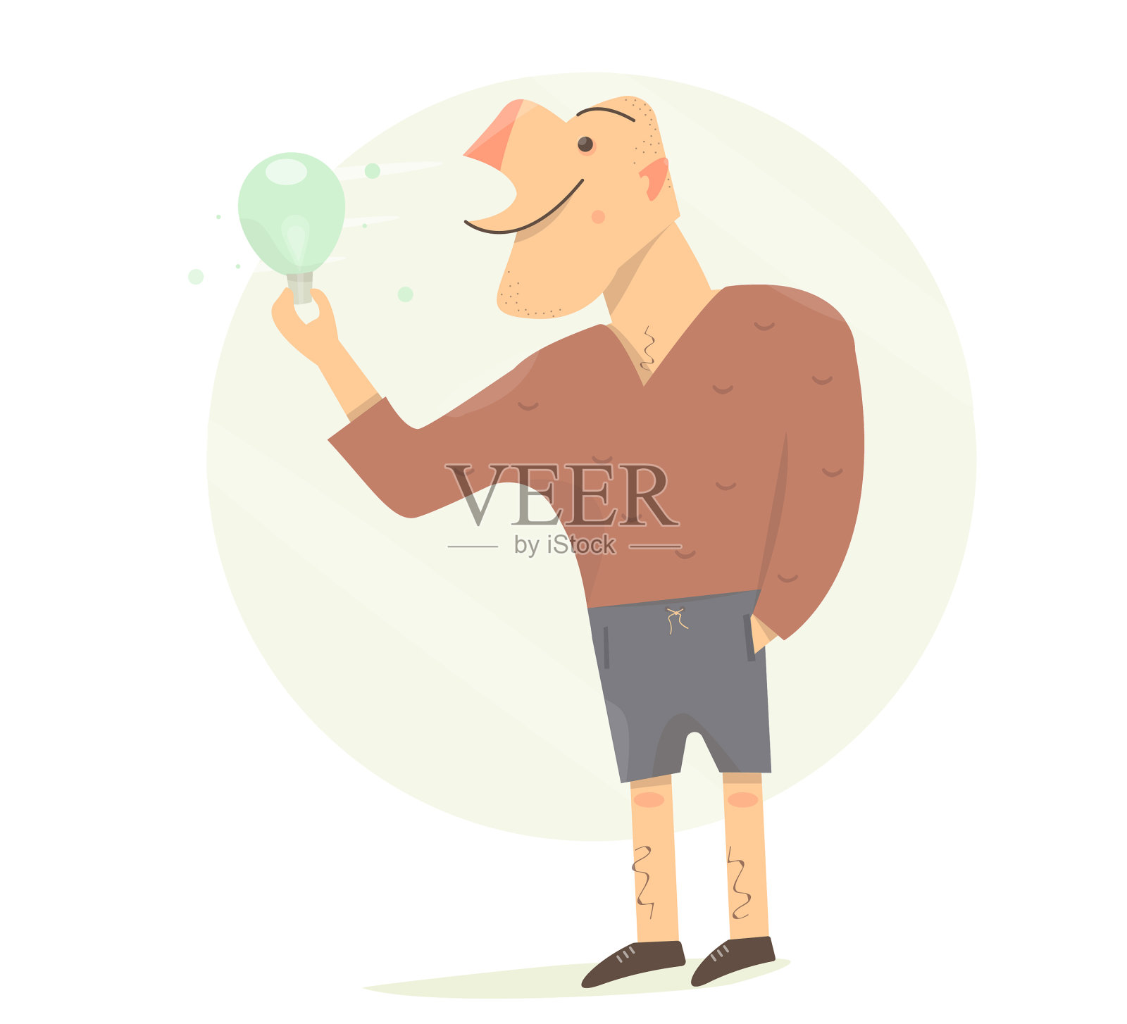 一个手里拿着灯泡的滑稽男人插画图片素材