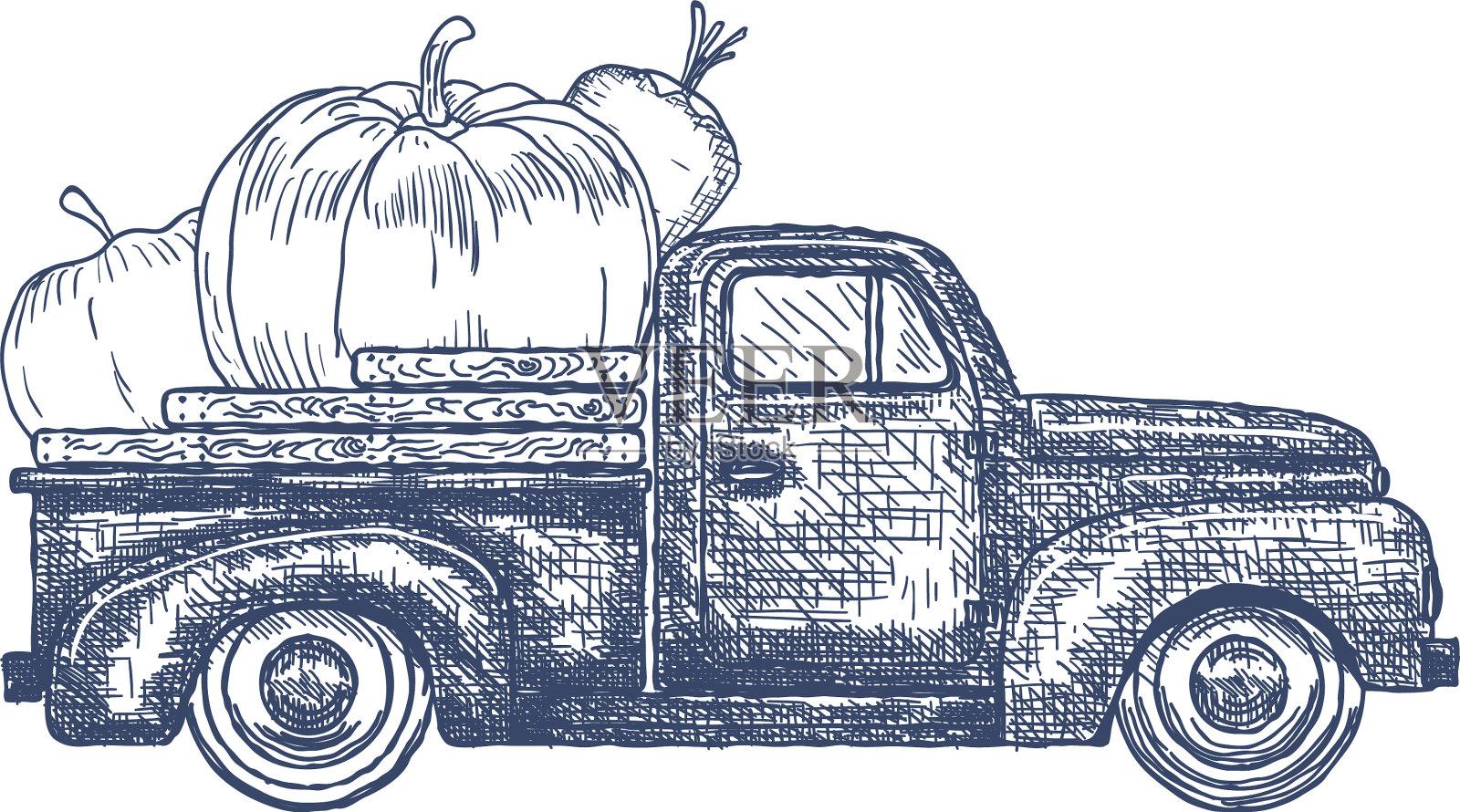 带着蔬菜的老式皮卡插画图片素材
