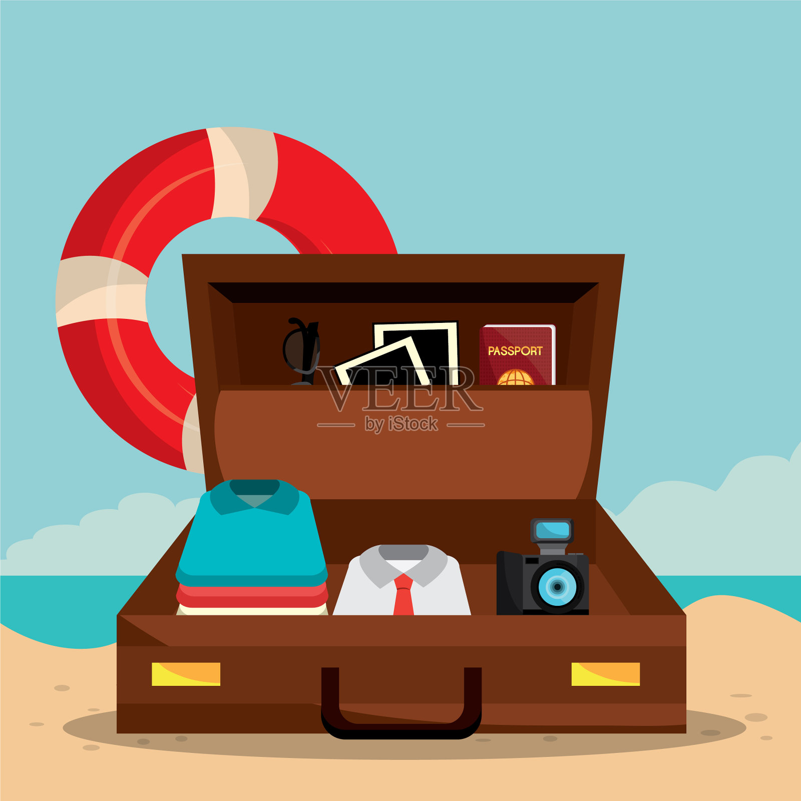 海滩景观手提箱和设置图标图标素材