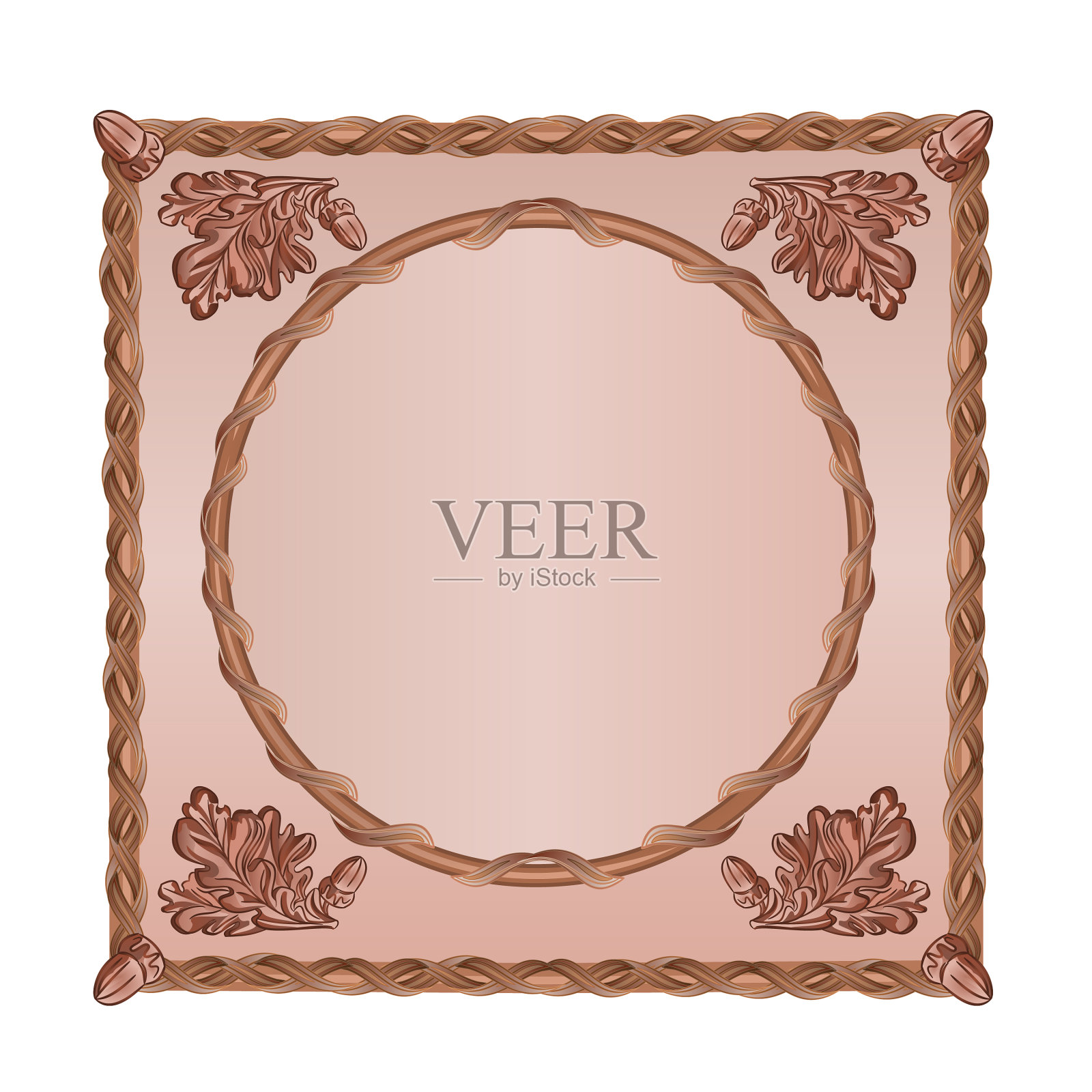 方形框架的橡树叶和橡子木雕设计元素图片