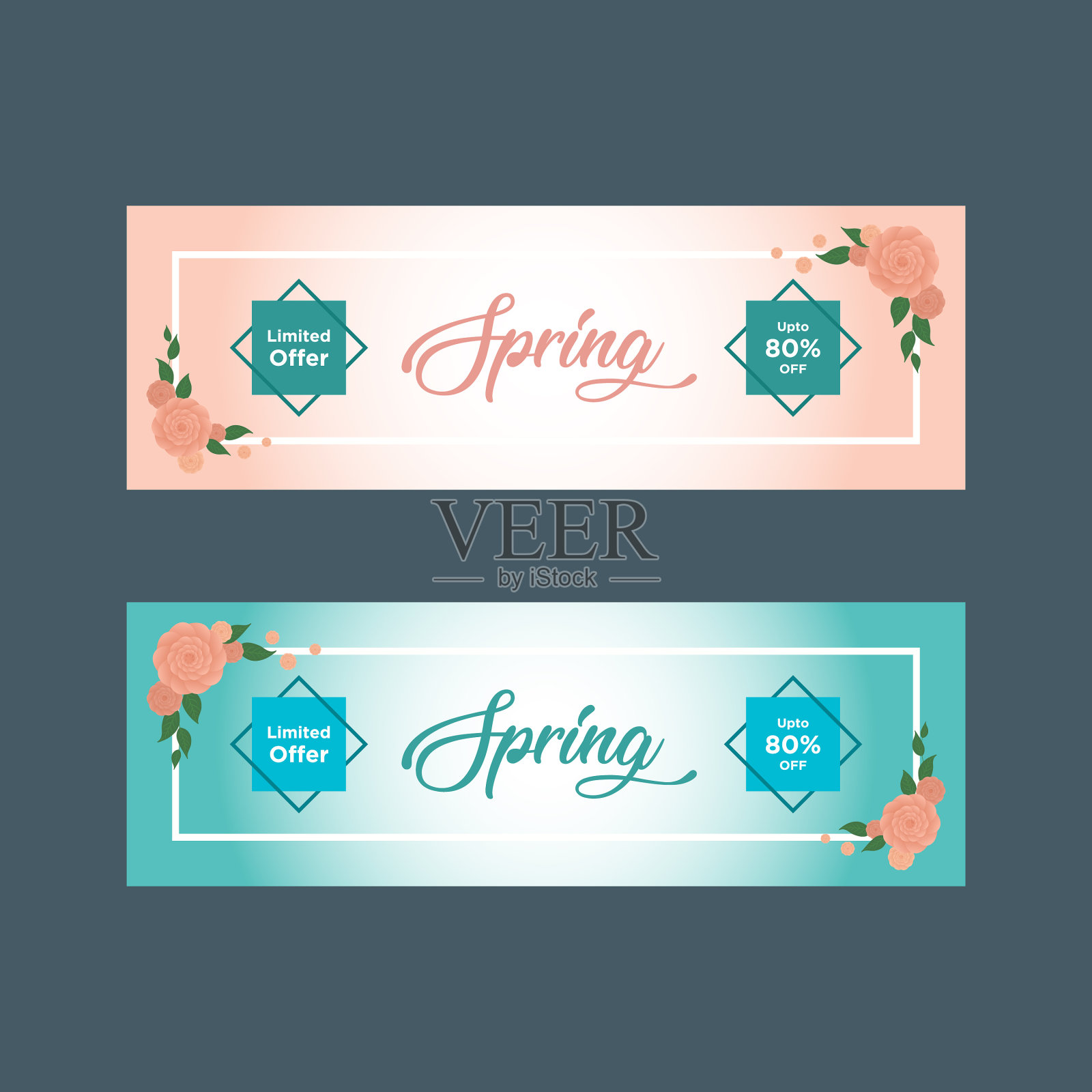 粉色和蓝色的春季促销横幅上印着白色插画图片素材