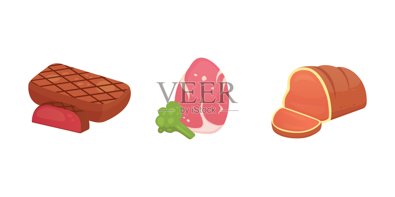 设置新鲜肉制品牛排卡通风格图标素材