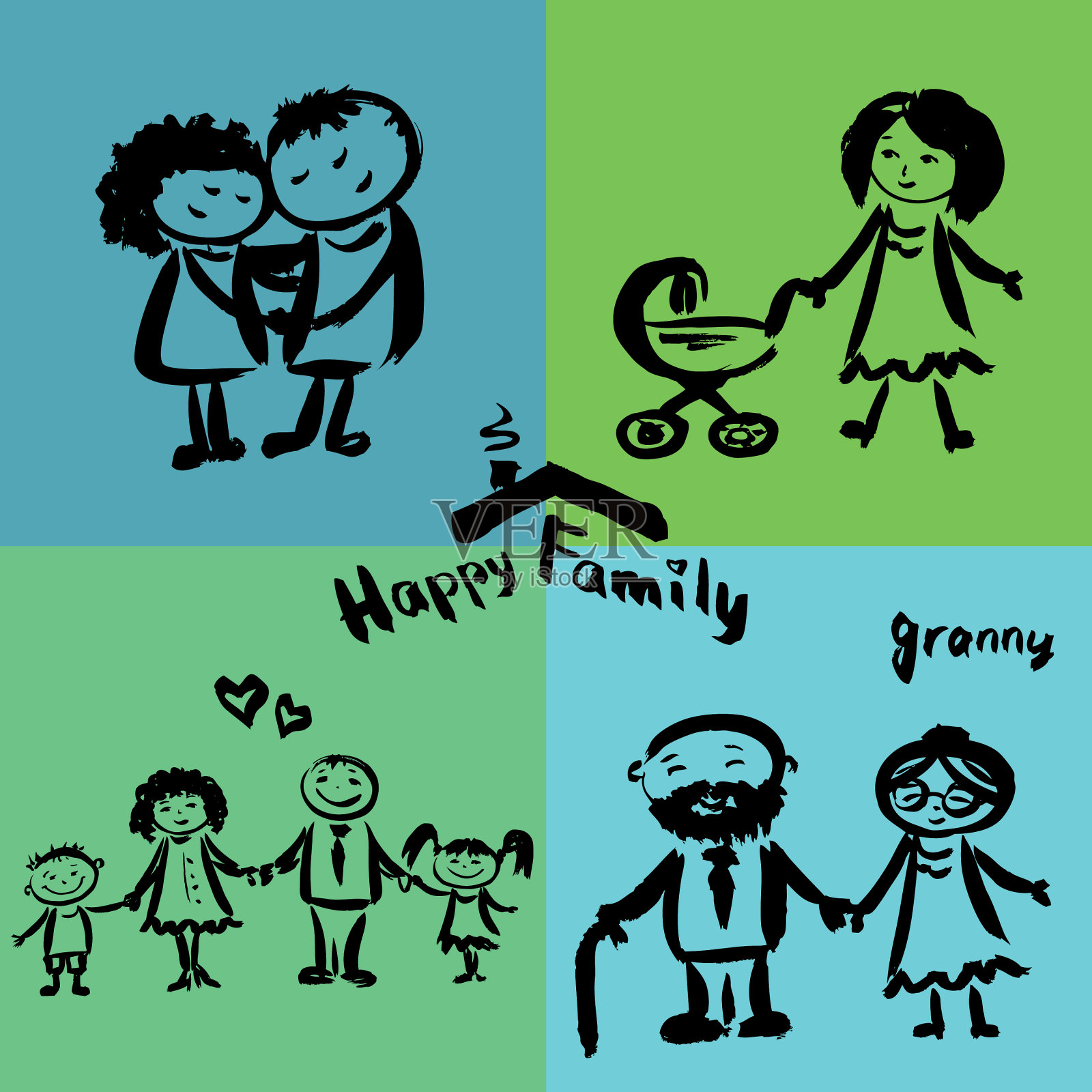 幸福家庭手绘插画图片素材