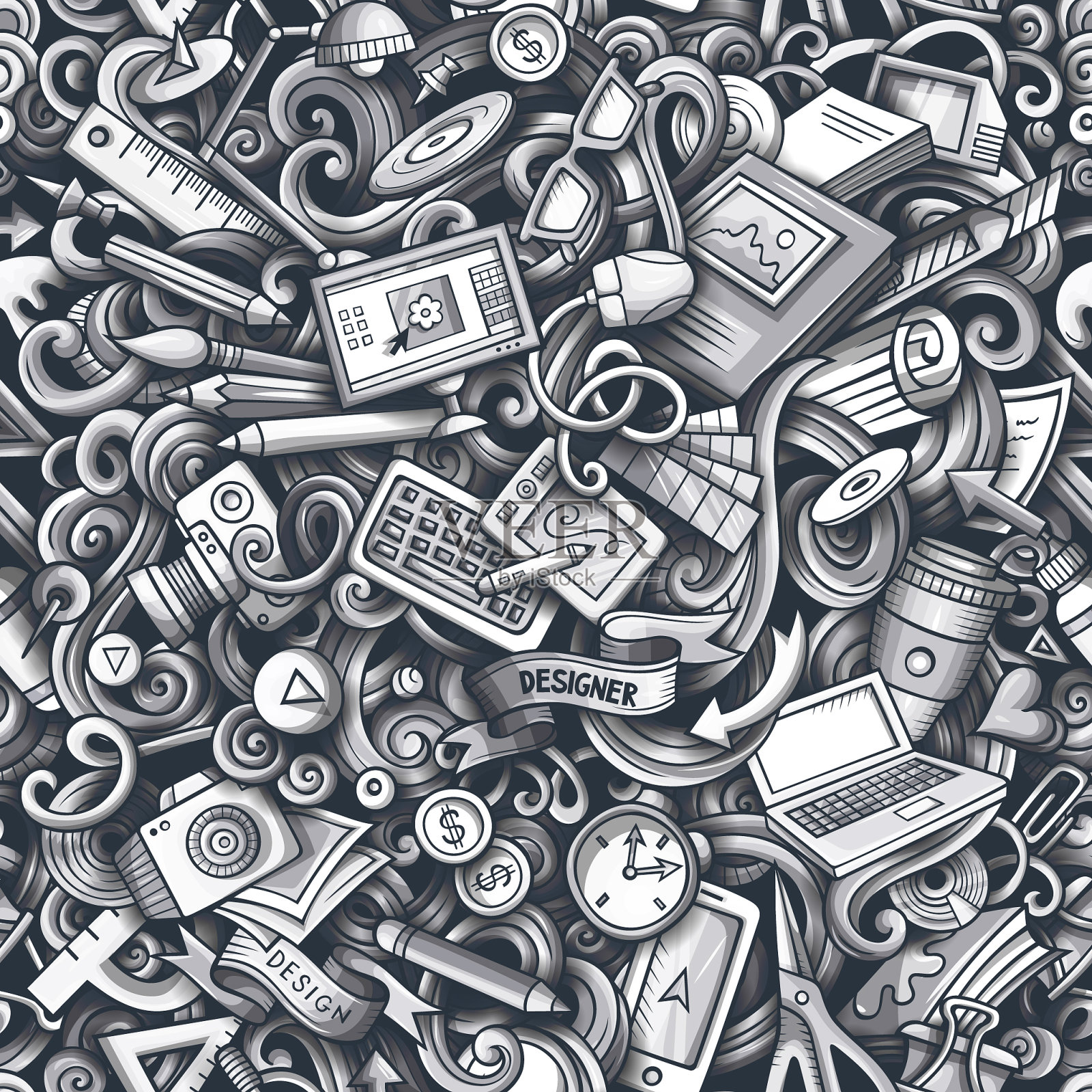 卡通可爱的涂鸦手画设计师无缝插画图片素材