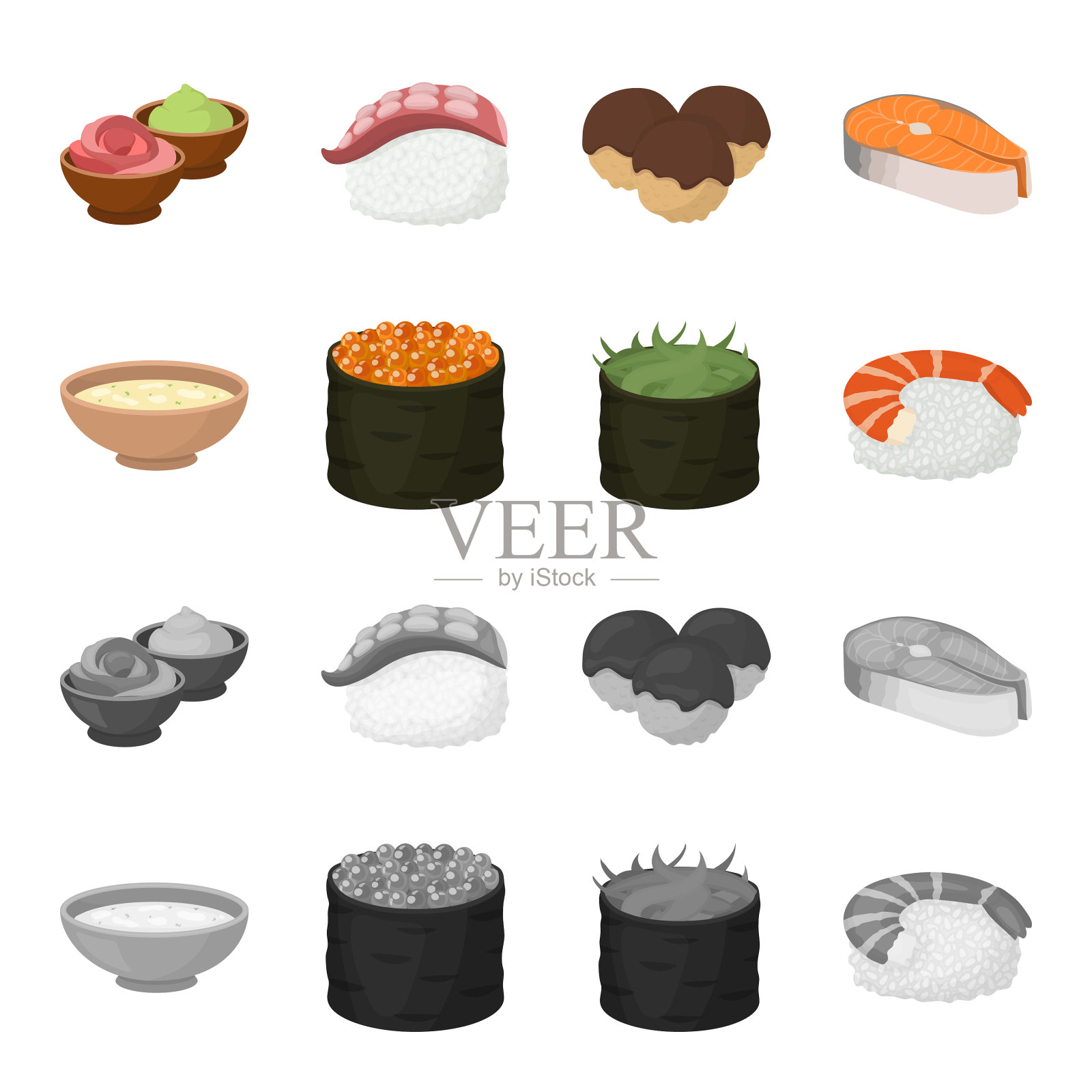 汤碗鱼子酱虾配米饭寿司图标素材