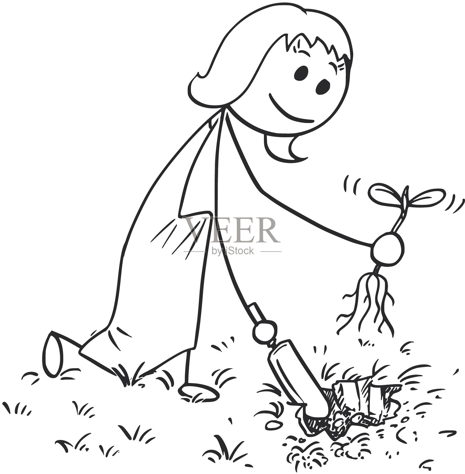 卡通的园丁女人正在为植物挖洞设计元素图片