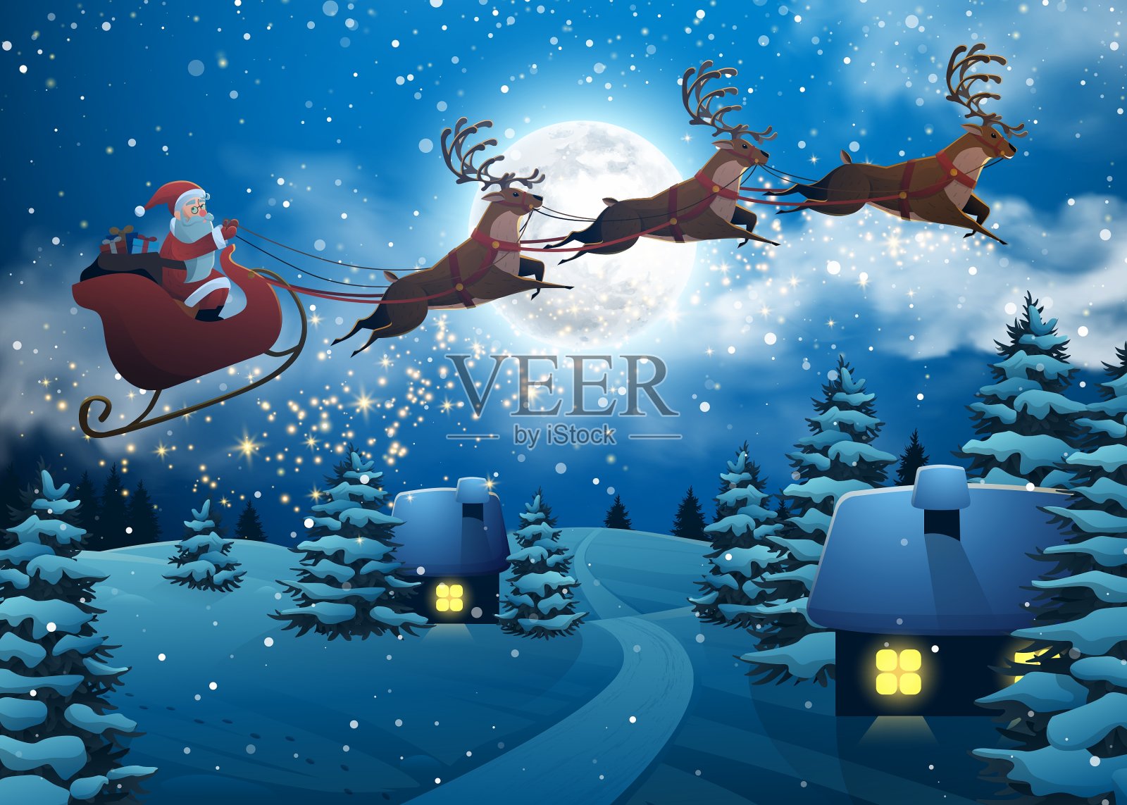 圣诞老人与鹿屋在雪橇上飞行插画图片素材