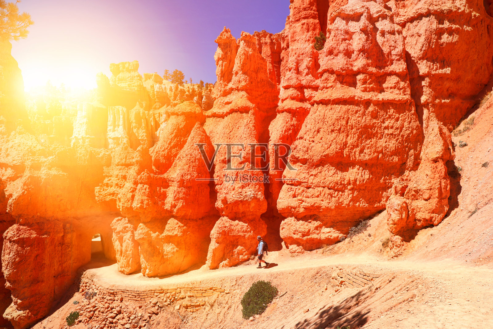 在布莱斯峡谷国家公园徒步旅行的年轻人。女王花园小径。照片摄影图片