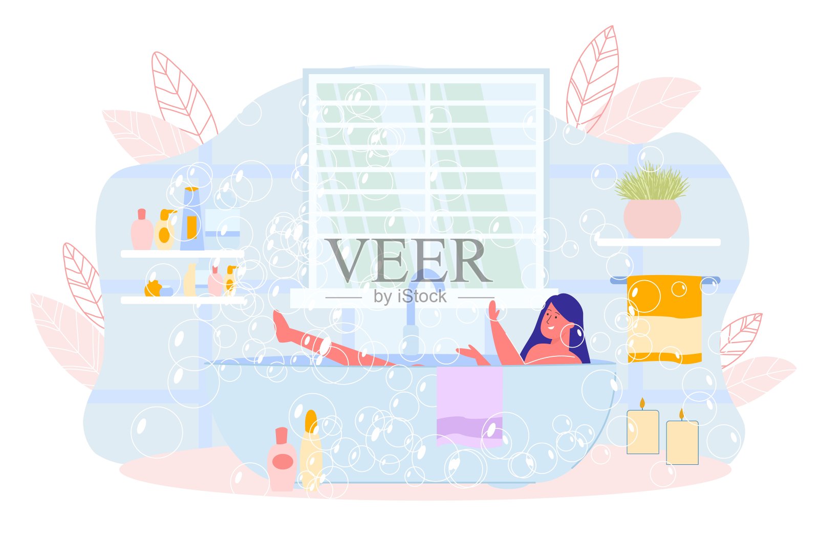 女孩在家沐浴时放松插画图片素材