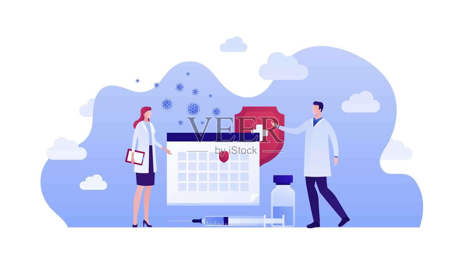 疫苗接种运动的概念。矢量平面人插图。病毒保护。医生团队。日历，盾牌，注射器符号。设计元素为医疗保健医疗横幅，海报。插画图片素材