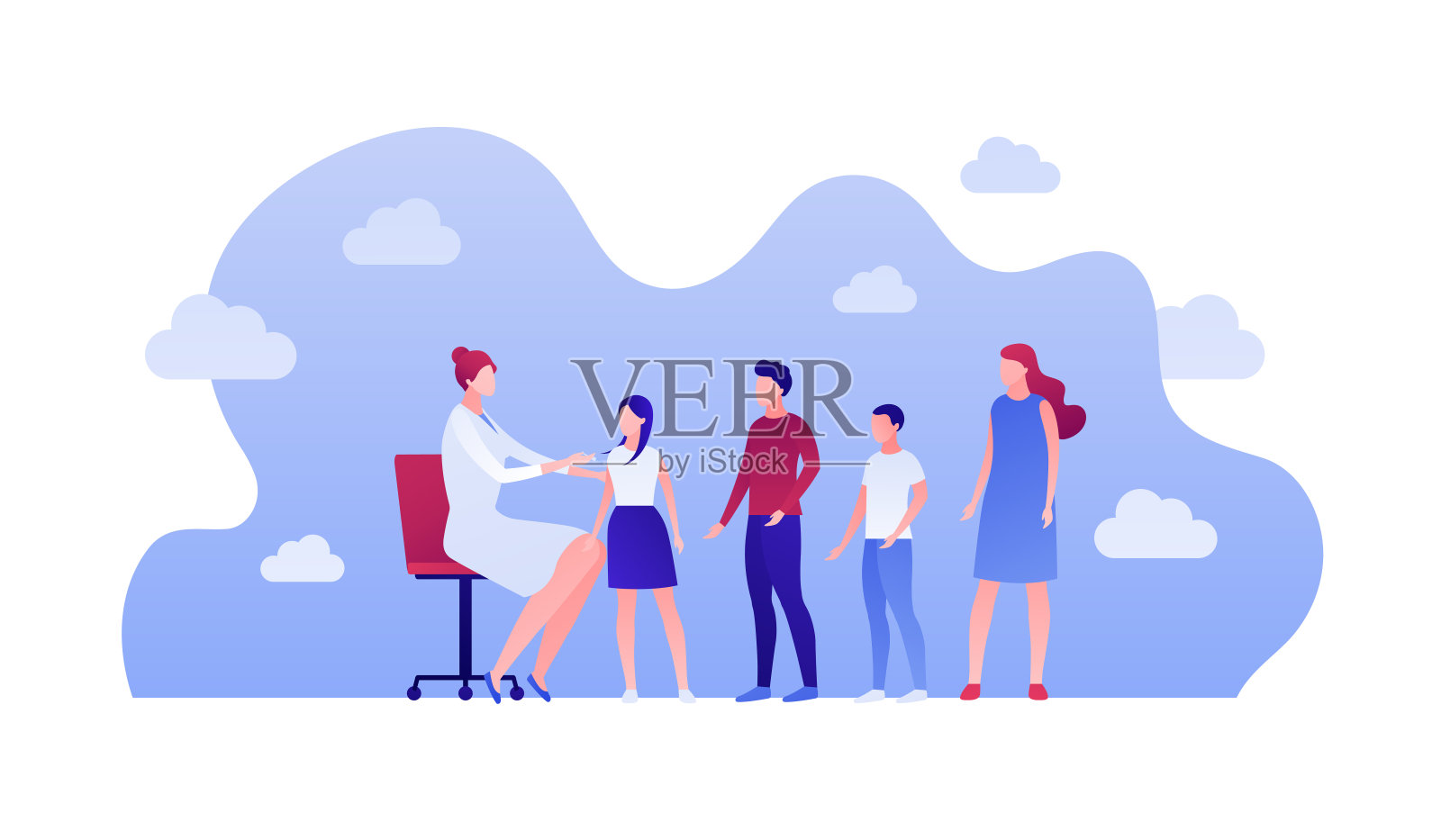 疫苗接种运动的概念。矢量平面人插图。家庭角色。女医生用注射器给一群人注射。设计元素为医疗保健医疗横幅，海报。设计元素图片