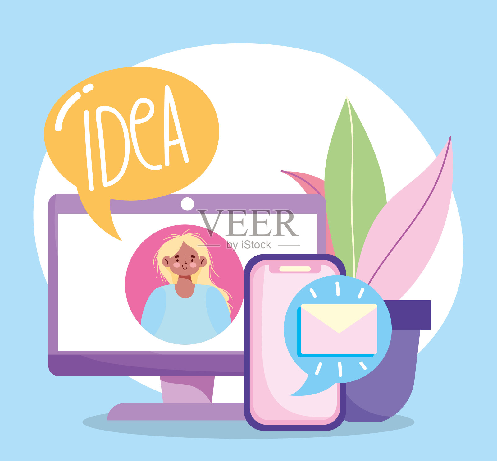 人们沟通科技，电脑女孩构思智能手机电子邮件插画图片素材