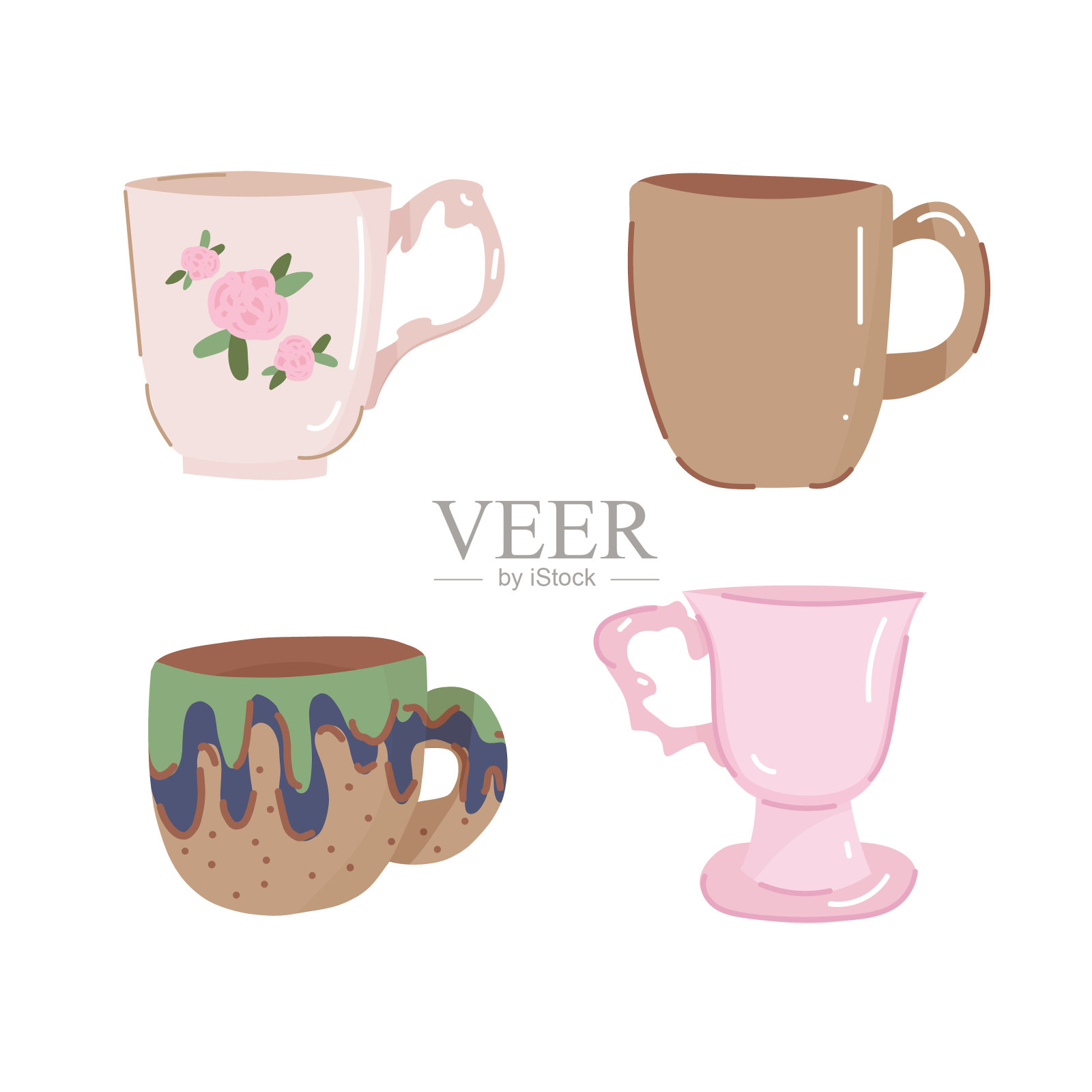 一套4种不同的茶、咖啡瓷及手工陶瓷杯、杯。平面矢量插图上孤立的背景。插画图片素材