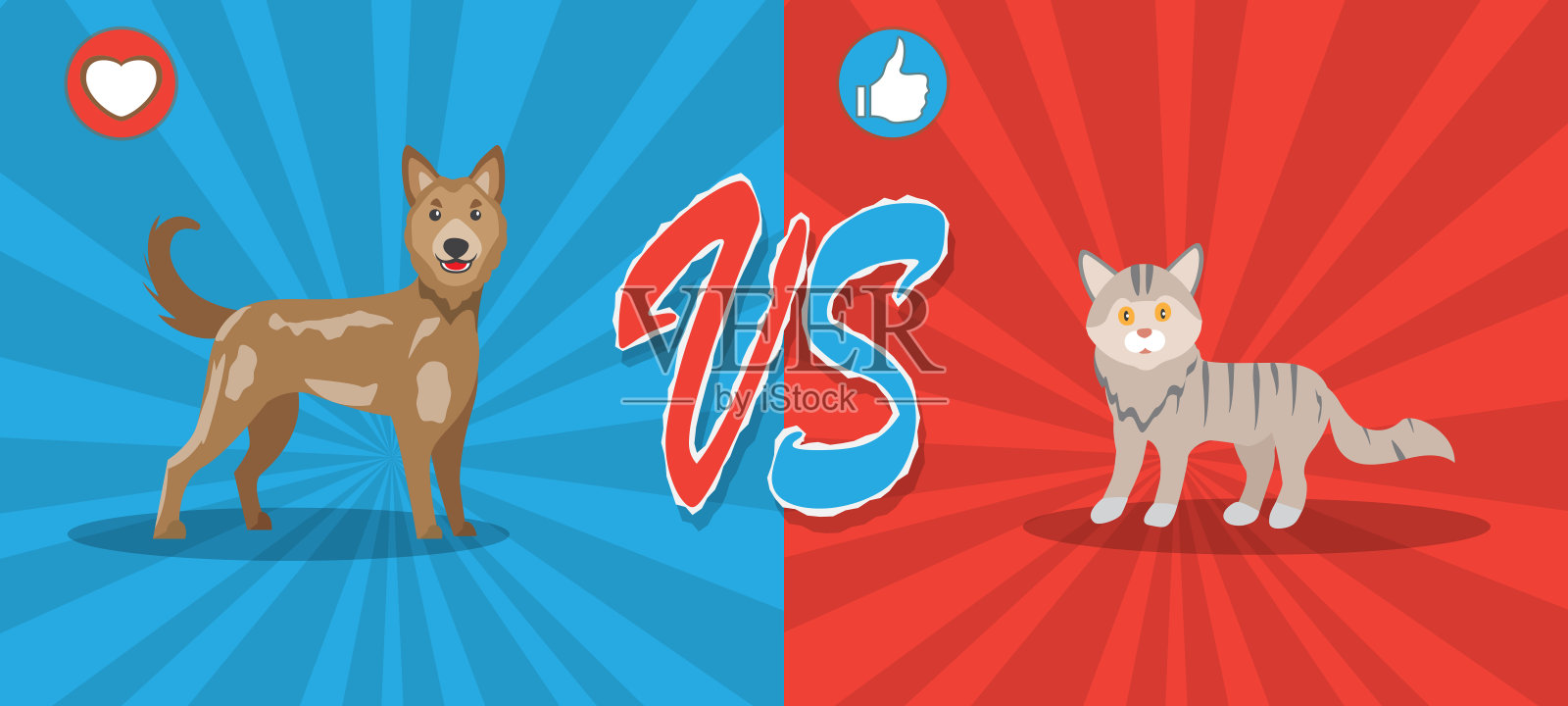 狗和猫的概念。背景与可爱的宠物。战斗背景漫画风格设计。矢量插图。插画图片素材