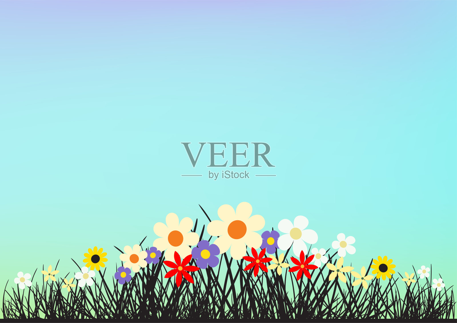 夏日蔚蓝的天空上鲜花和草插画图片素材