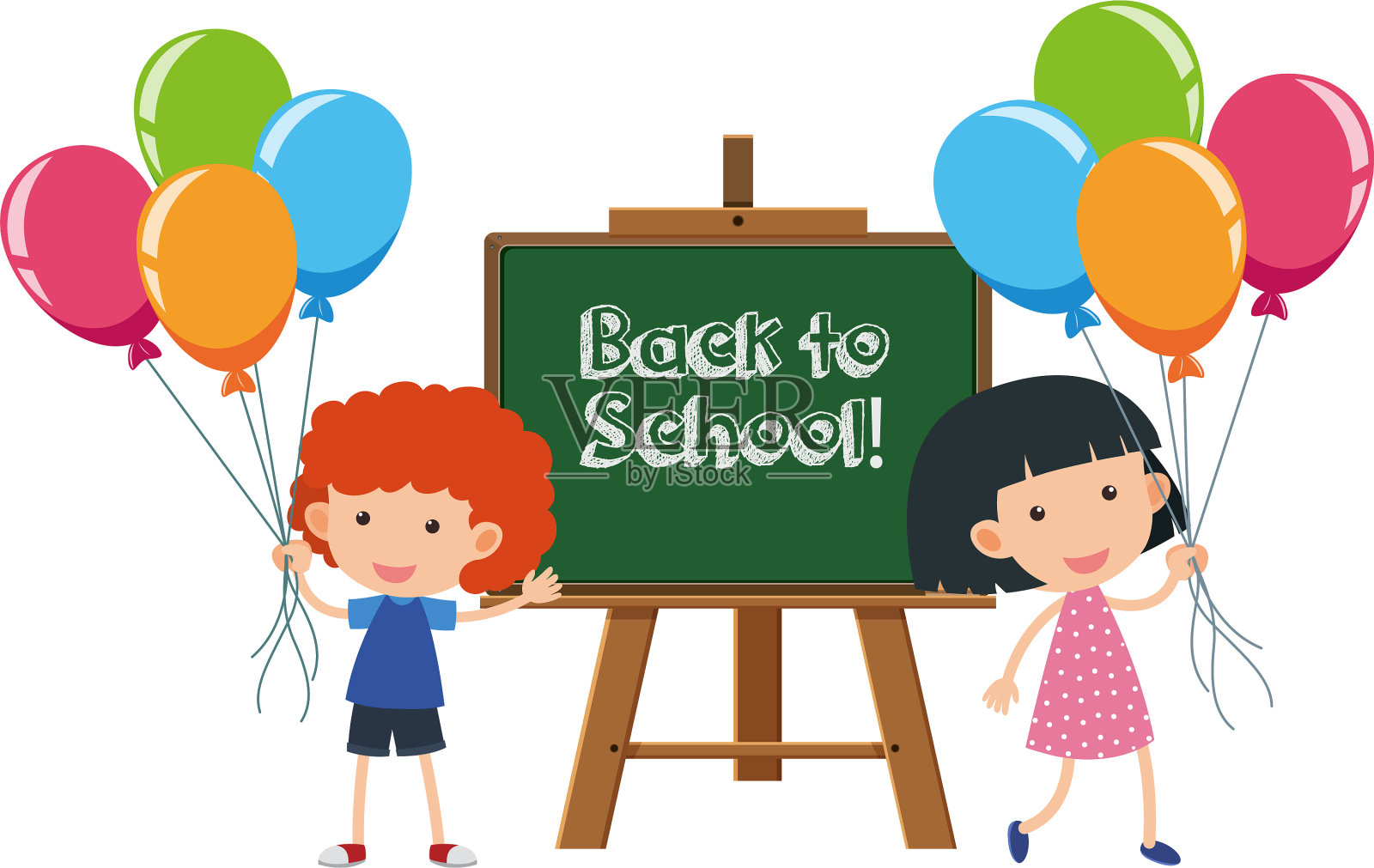 男孩和女孩与返回学校的标志设计元素图片