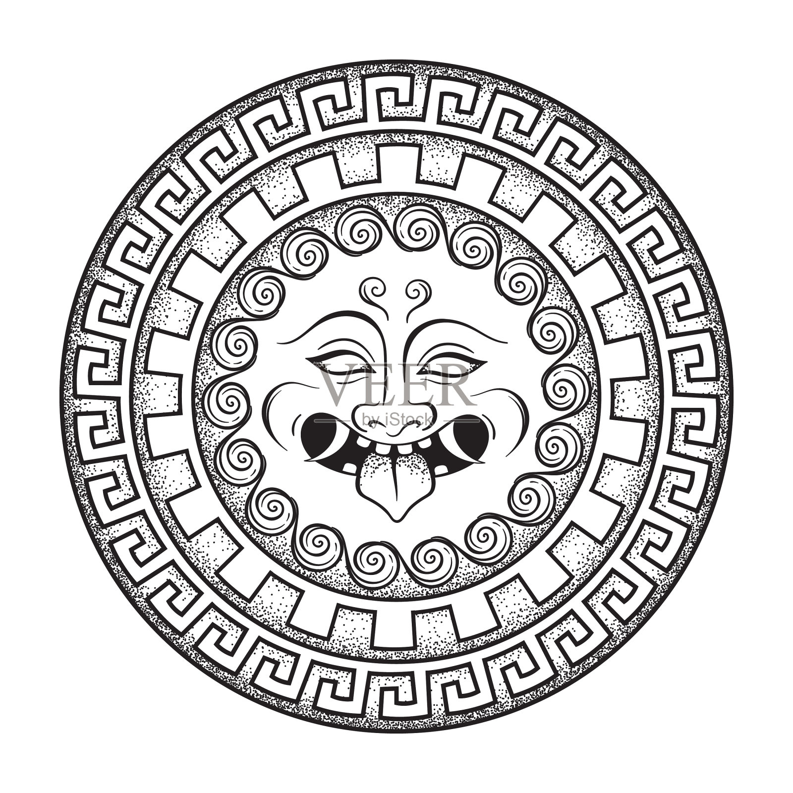 美杜莎蛇发女怪的头在盾牌上手绘的线条艺术设计元素图片