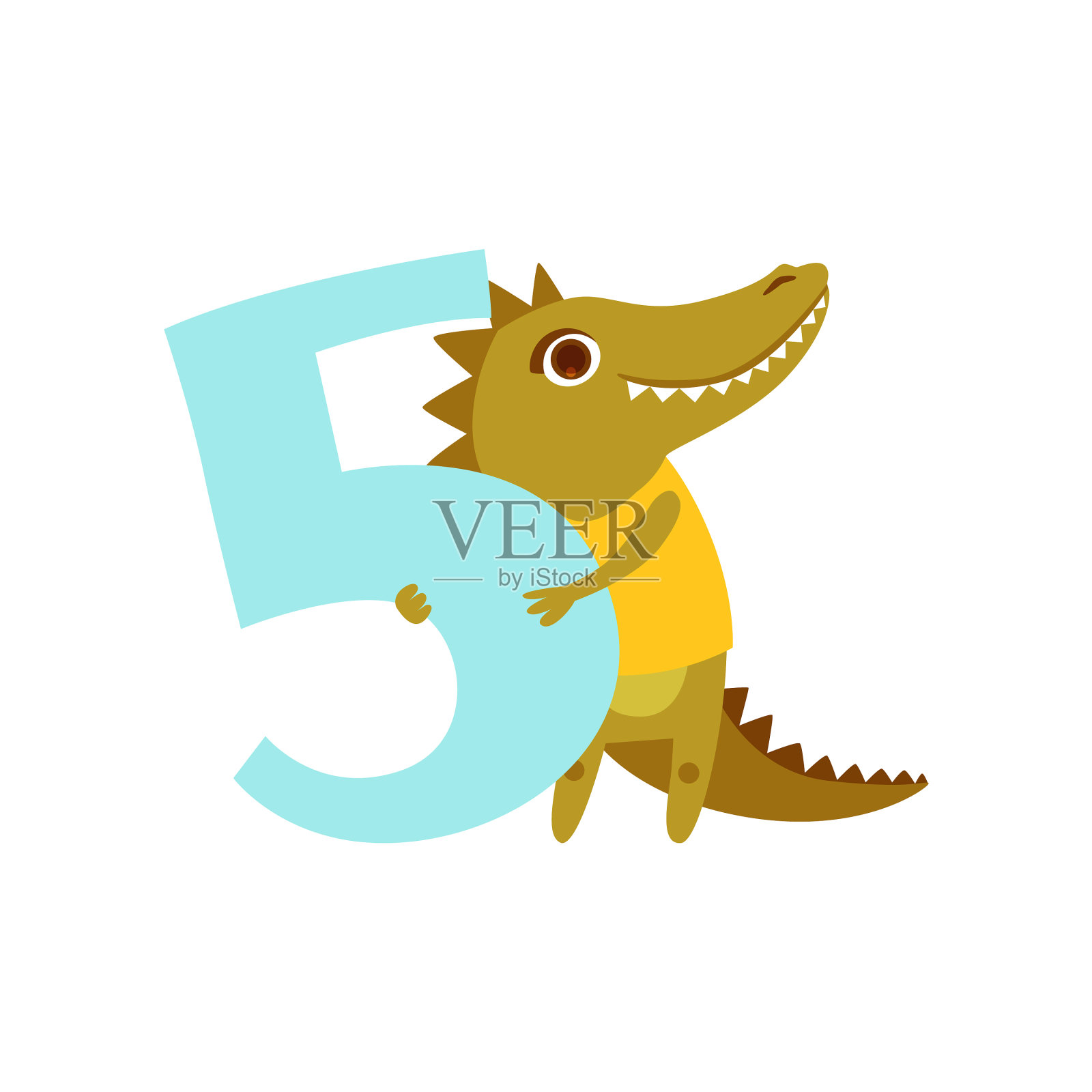 有趣可爱的鳄鱼动物和五号生日设计元素图片