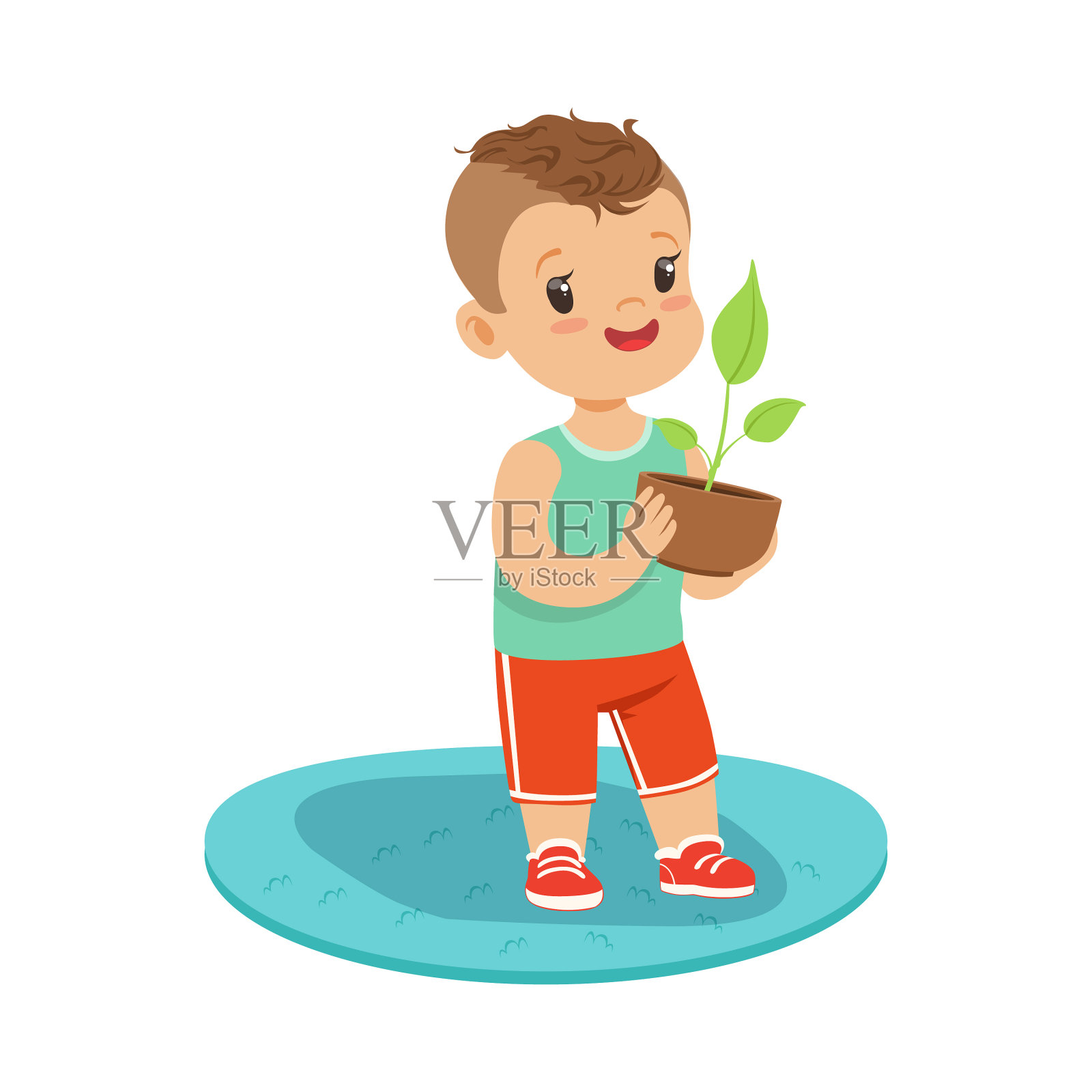 可爱的小男孩站着，手里拿着一株植物设计元素图片