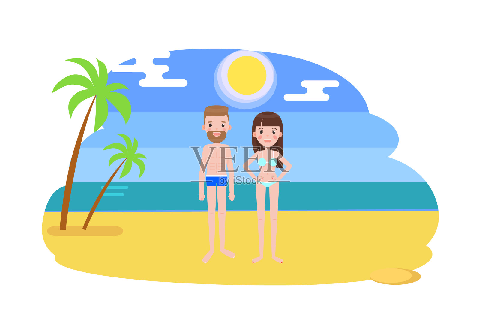 穿着泳衣的男人和女人在沙滩上长着棕榈树设计元素图片