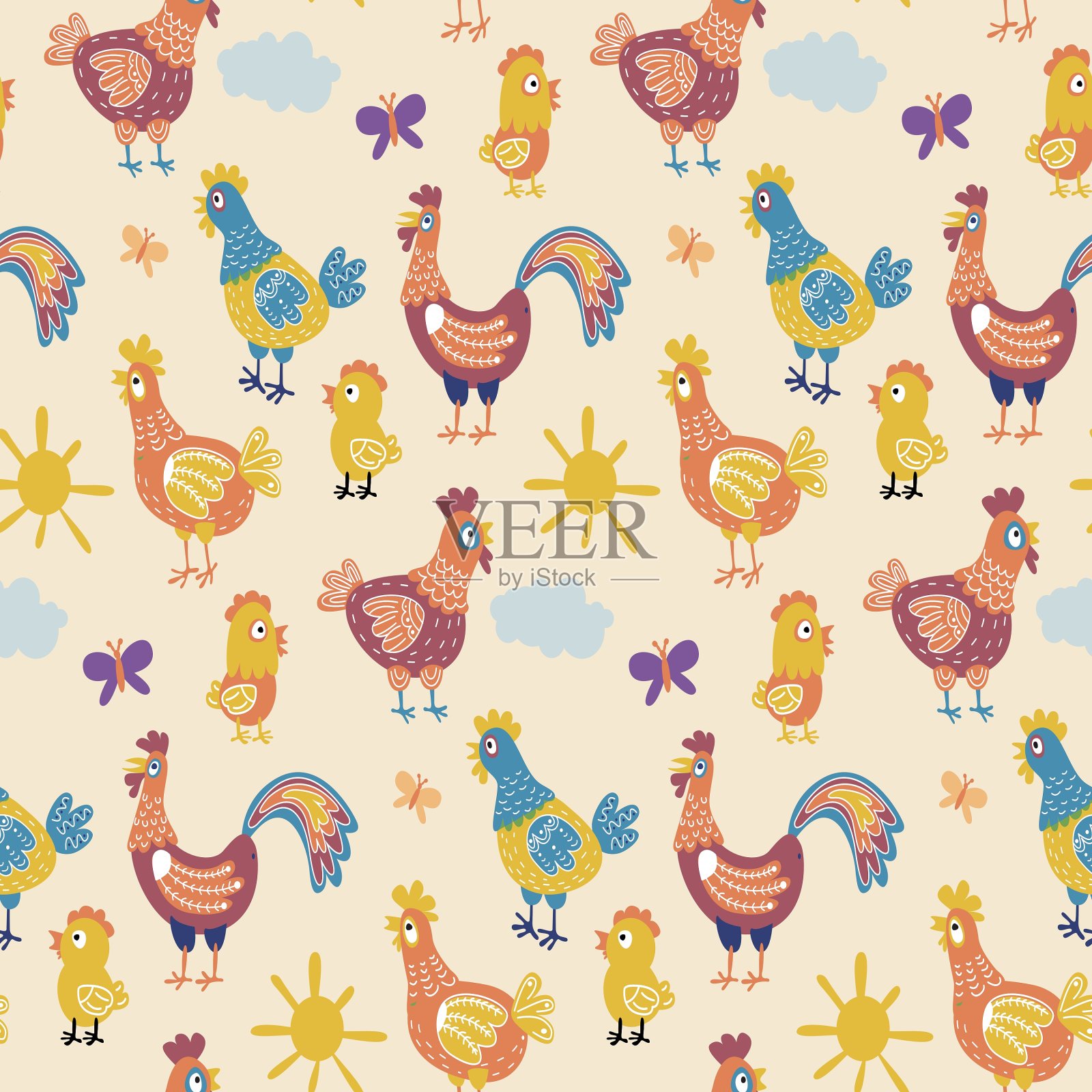 有趣的鸡无缝图案背景与手插画图片素材