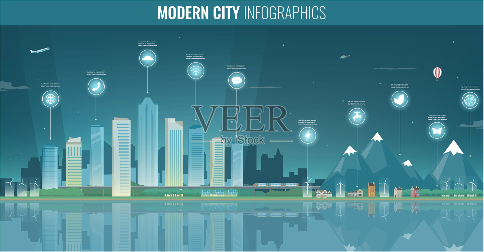 城市景观与信息图形元素现代插画图片素材