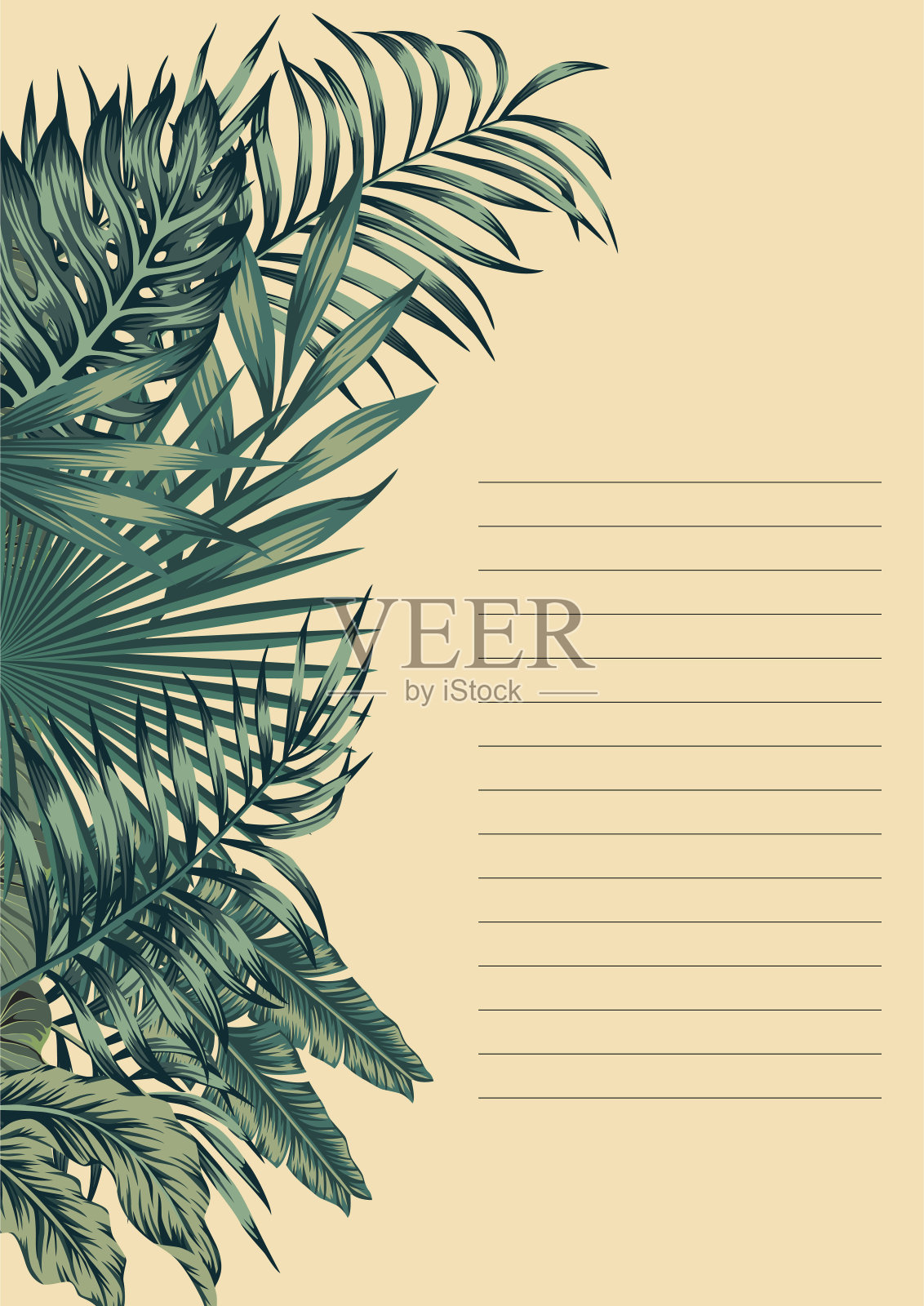 邀请设计卡与热带树叶插画图片素材