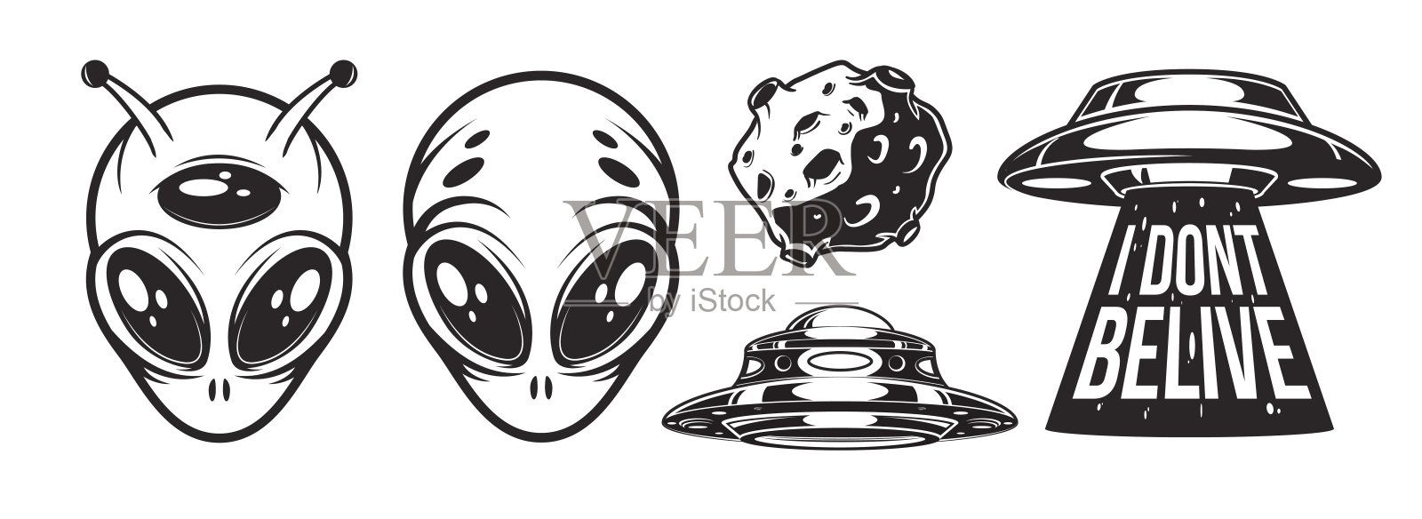 外星人标志，大布景。不明飞行物。流星,小行星。徽章上有太空船和绑架。Civiliztion研究标签。矢量插图。设计元素图片