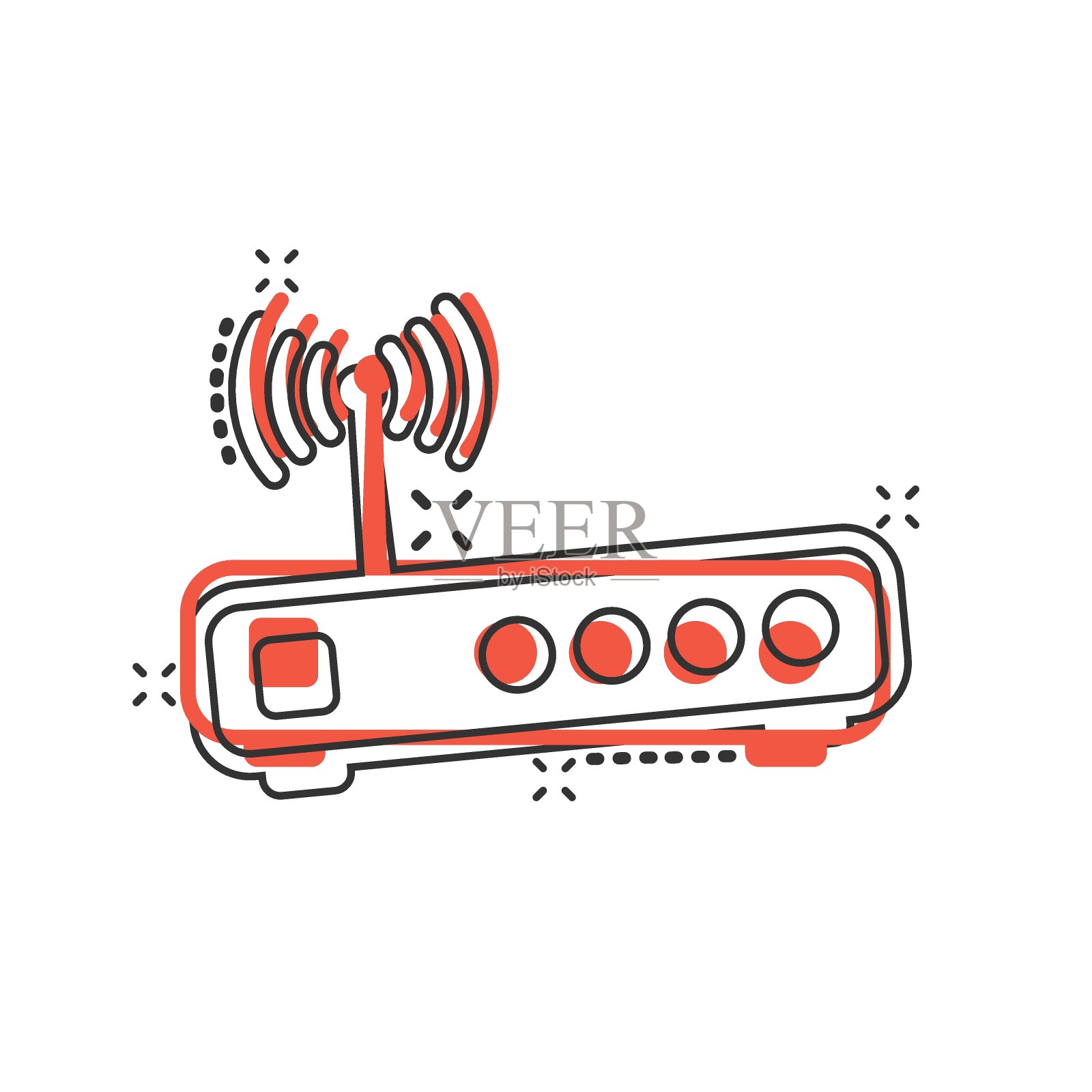 漫画风格的Wifi路由器图标。宽带卡通矢量插图在白色孤立的背景。互联网连接飞溅效应的经营理念。插画图片素材