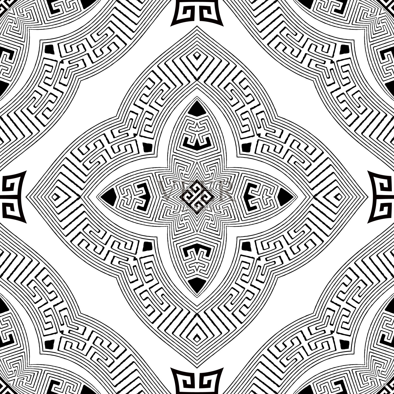 观赏性载体无缝图案。希腊键蜿蜒华丽的背景。花卉复古漂亮的装饰典雅抽象花卉，线条，形状，曼陀罗。在白色上重复孤立设计插画图片素材