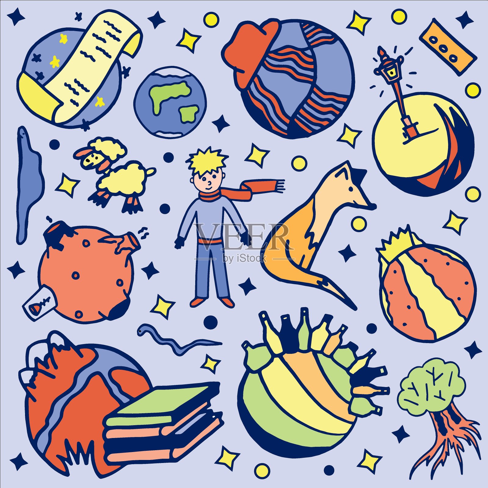 小男孩和他的玫瑰，狐狸和羔羊。插图与空间元素。插画图片素材