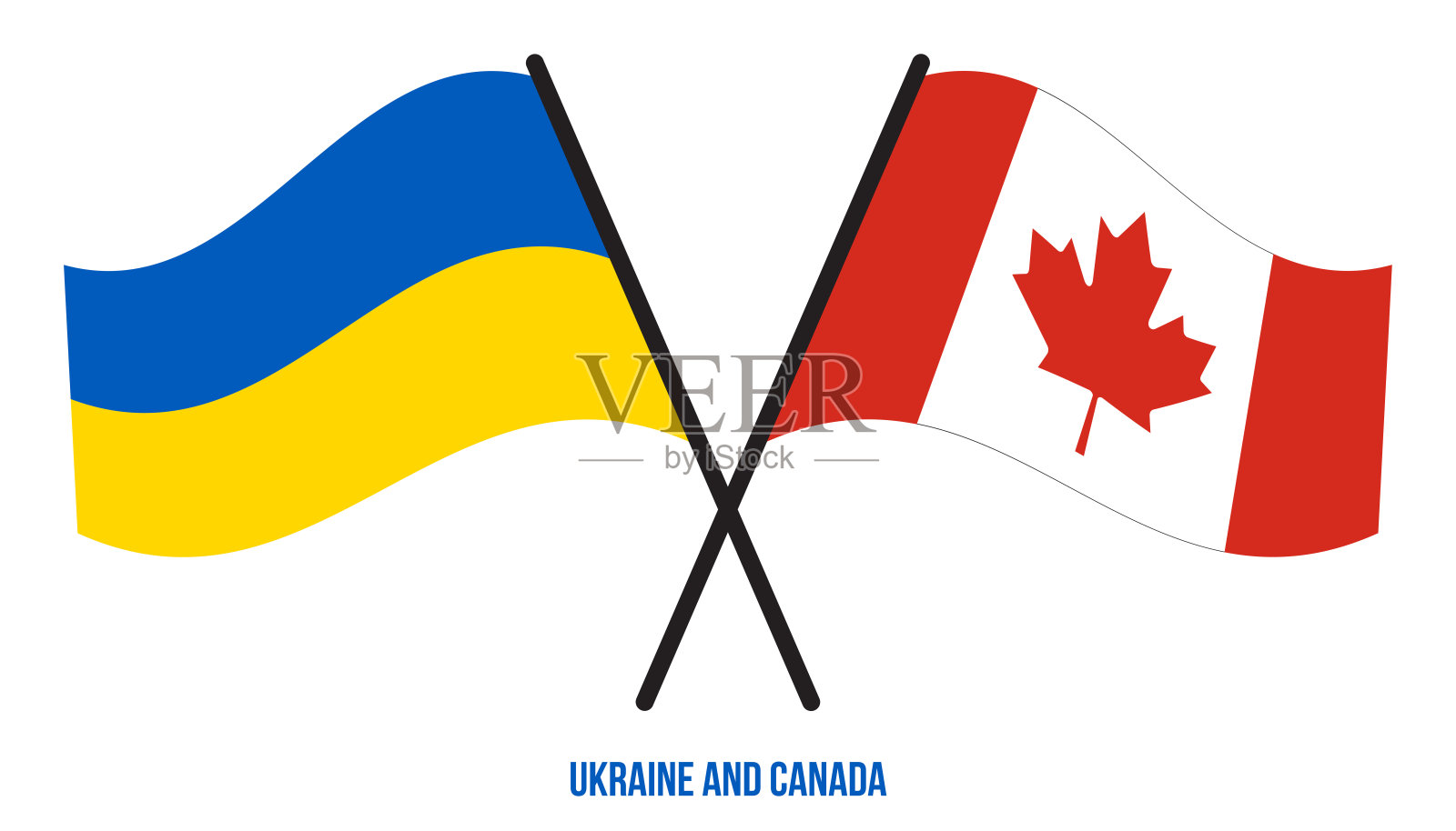 乌克兰和加拿大国旗交叉和挥舞平风格。官方的比例。正确的颜色插画图片素材