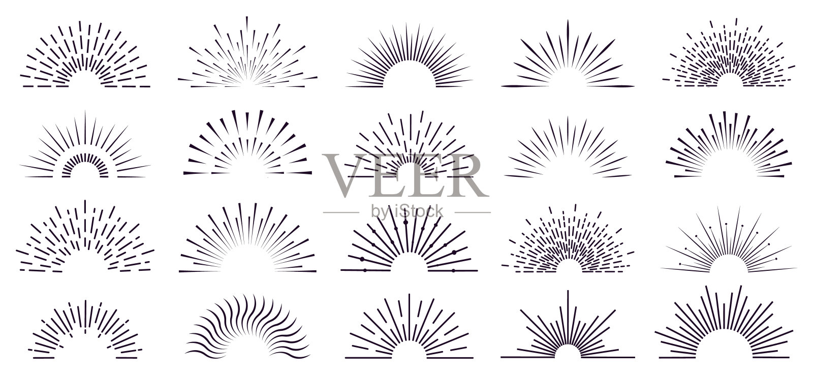 复古的阳光。复古辐射日爆，星爆手绘标签，太阳射线，烟花辐射射线。爆裂爆炸线矢量隔离图标集插画图片素材