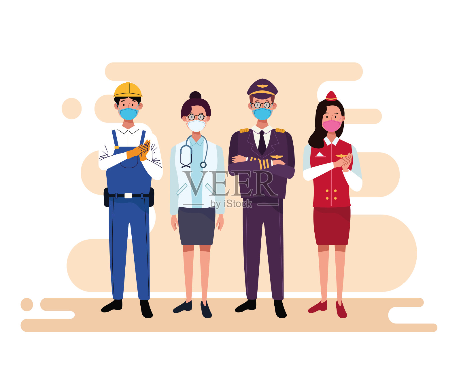 一群戴口罩的工人插画图片素材