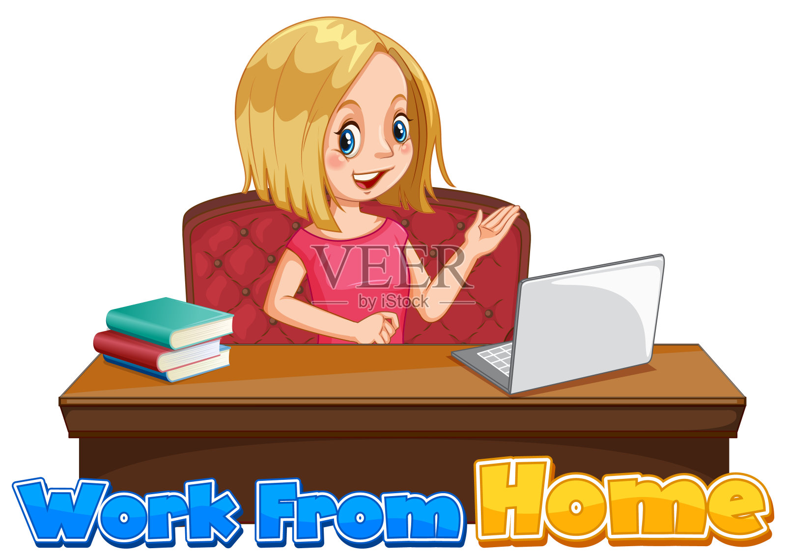 字体设计工作在家与妇女在电脑上工作插画图片素材